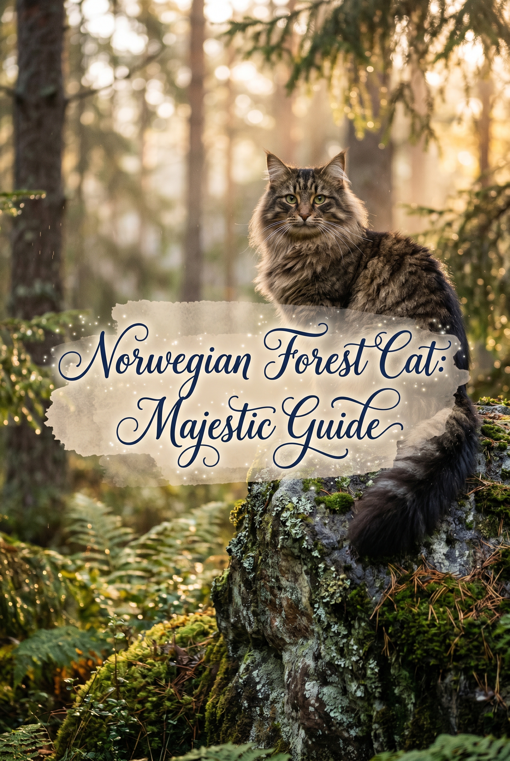 A large, fluffy Norwegian Forest Cat with a thick, multi-colored coat and tufted ears sitting majestically in a soft-lit Nordic forest. The center features elegant cursive text on a soft watercolor patch.