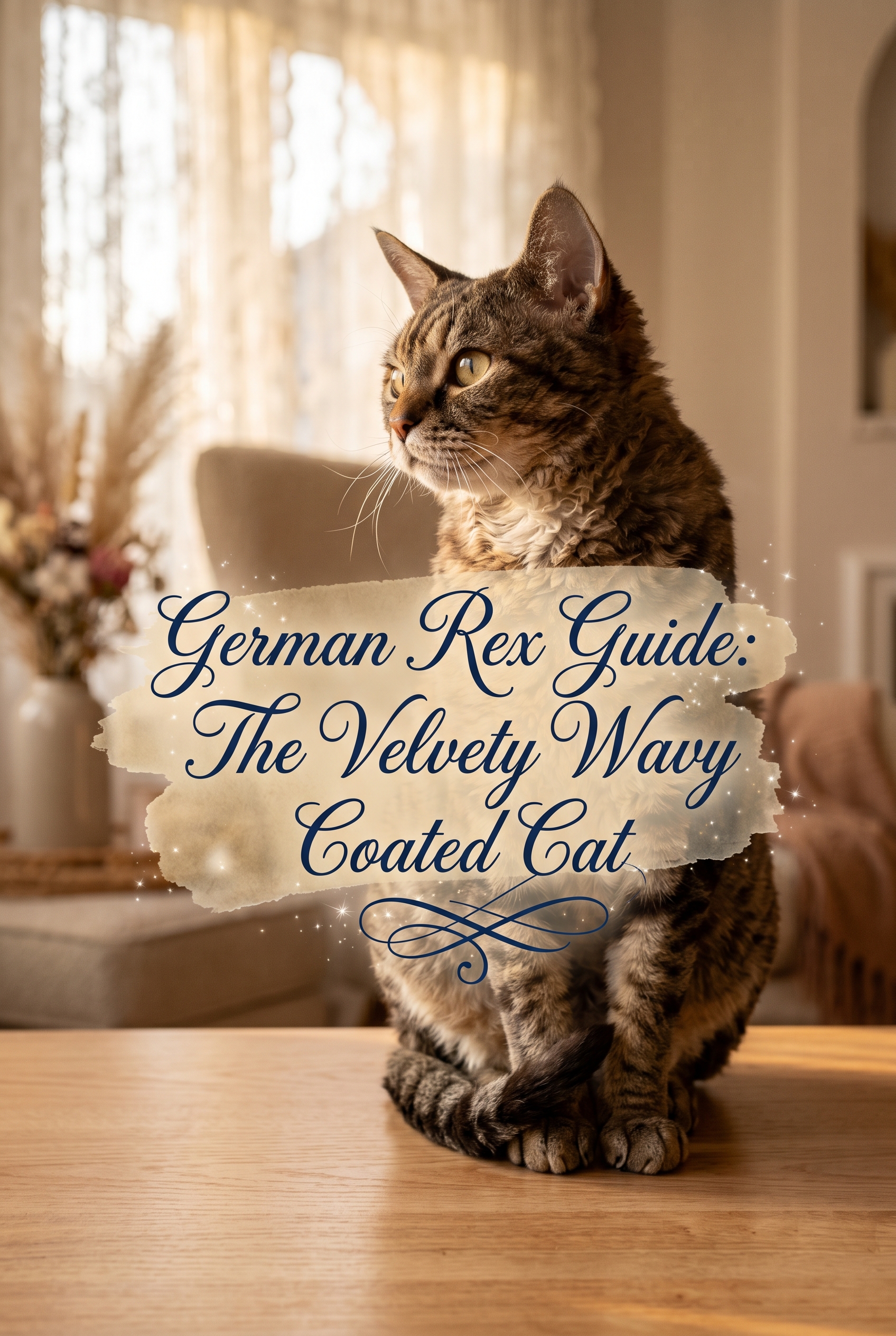 A beautiful German Rex cat with distinctive wavy, velvety fur sitting elegantly in a sun-drenched, high-end living room. The cat has soft, plush fur and large expressive eyes. In the center, a decorative calligraphy overlay reads German Rex Guide: The Velvety Wavy Coated Cat.
