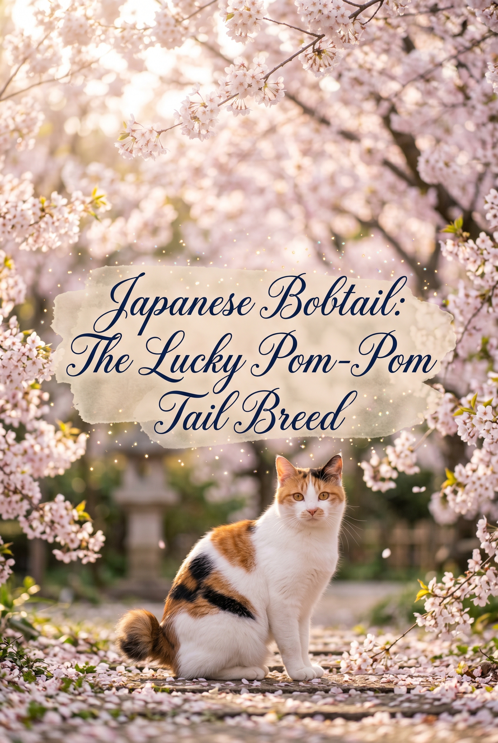 A premium portrait of a tricolor Japanese Bobtail cat with its signature pom-pom tail, set against a dreamlike background of soft cherry blossoms and golden sunlight. The central text 'Japanese Bobtail: The Lucky Pom-Pom Tail Breed' is written in sophisticated navy blue calligraphy over a gentle pastel watercolor wash.