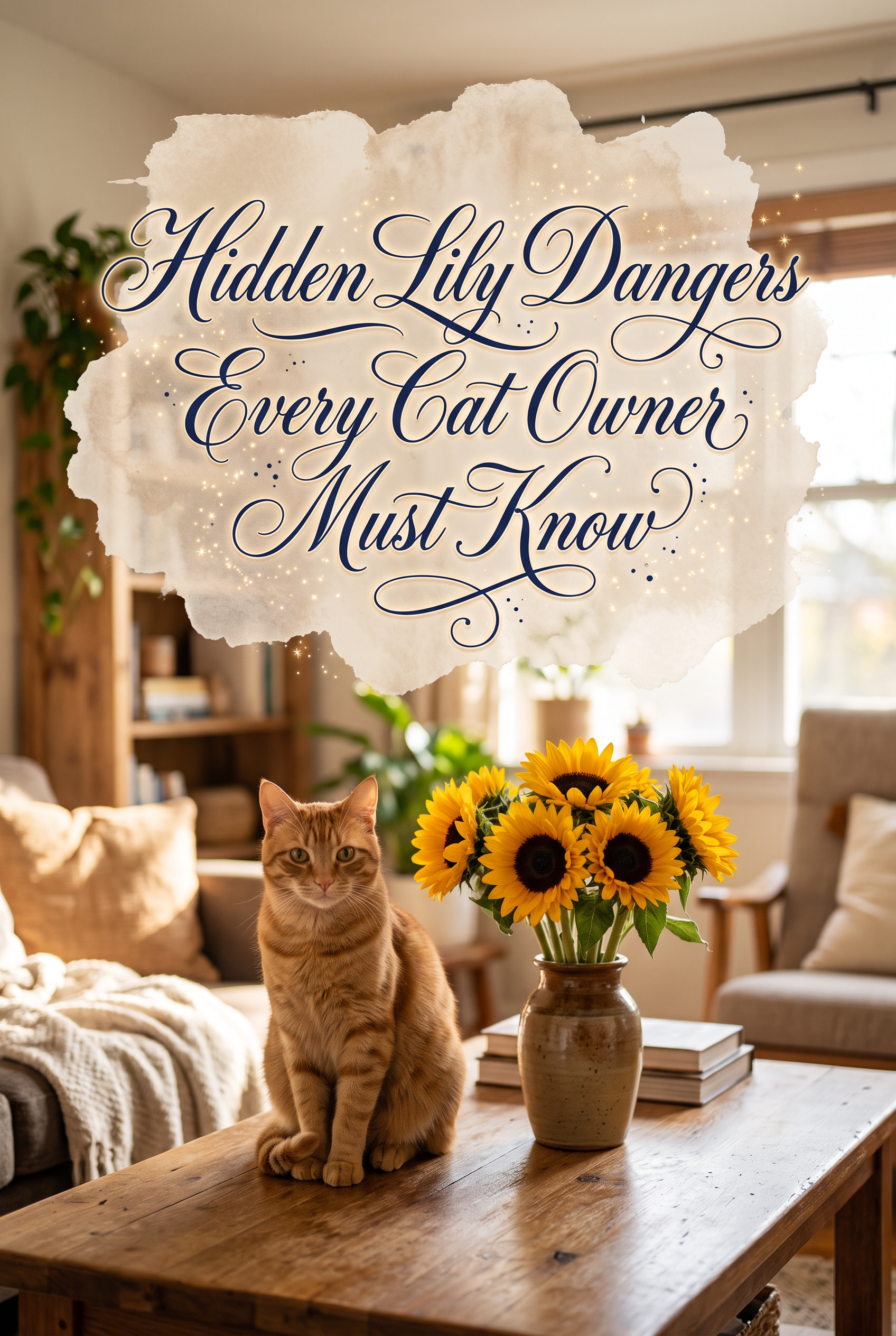 A high-end, professionally styled photograph of a beautiful ginger cat sitting safely next to a bouquet of bright yellow sunflowers. The scene is bathed in golden hour sunlight. In the center, an elegant textured beige brush-stroke serves as a backdrop for decorative, high-contrast navy script text reading Hidden Lily Dangers Every Cat Owner Must Know. Suble magical glints sparkle around the typography.