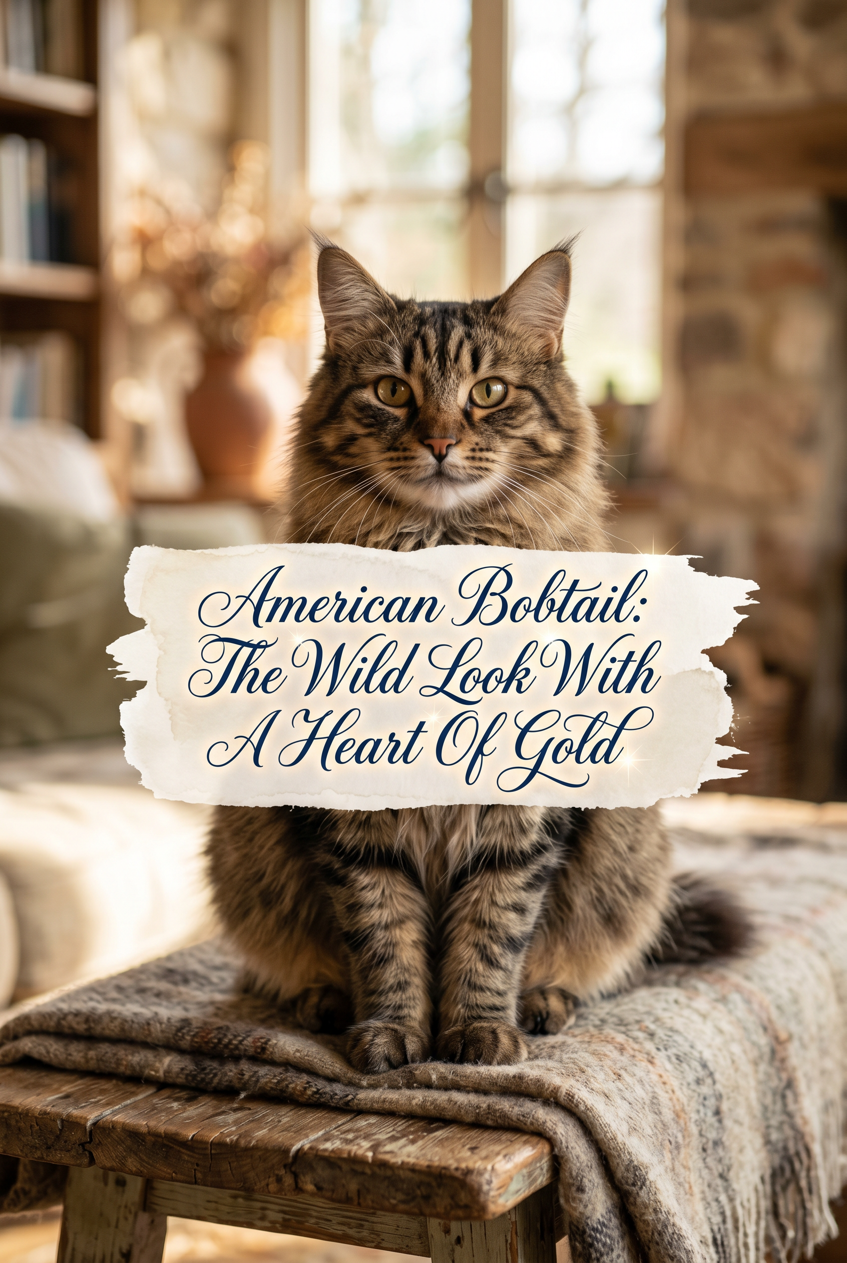 A stunning American Bobtail cat with wild lynx-like features and a signature short tail, sitting majestically on a rustic wooden porch. The lighting is golden-hour sunlight creating a soft glow. Centered on the image is the title 'American Bobtail: The Wild Look With A Heart Of Gold' in elegant navy blue cursive script.