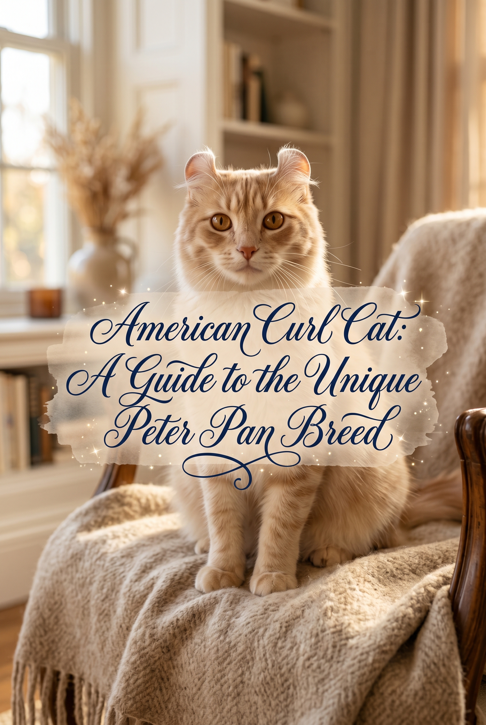 A stunning high-end photograph of an American Curl cat with its signature backward-curling ears, featuring a beautiful silk-like coat. The cat is sitting elegantly in a sun-drenched room with warm golden lighting. In the center, the title is displayed in a flowing, luxury cursive script over a soft watercolor brush-stroke background.