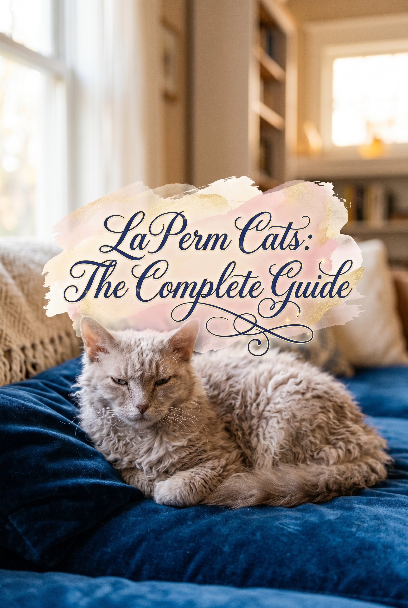 A stunning medium-shot of a LaPerm cat with soft, ginger curly ringlets sitting on a luxury cream-colored velvet cushion. The scene is illuminated by warm, golden-hour sunlight through a window. The center features elegant navy blue cursive calligraphy reading LaPerm Cats: The Complete Guide over a soft peach watercolor wash with faint magical sparkles.
