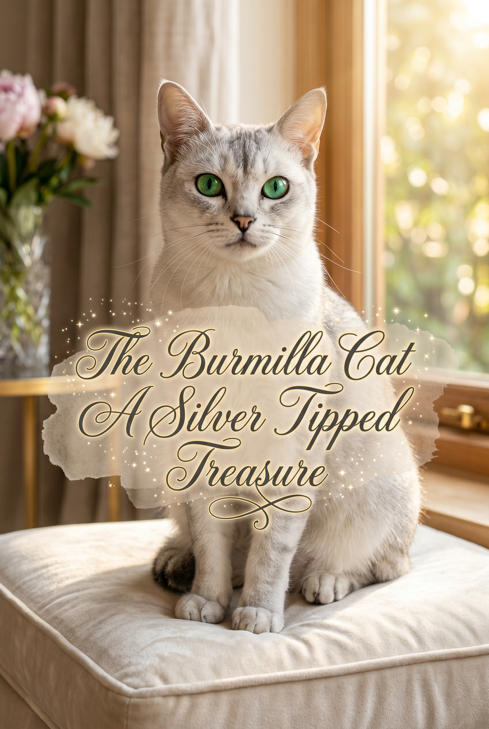A professional 2:3 portrait of a beautiful Burmilla cat with a shimmering silver coat and vivid emerald-green eyes, sitting gracefully in a sunlit, high-end interior. Centralized elegant typography script is visible over a soft watercolor texture.
