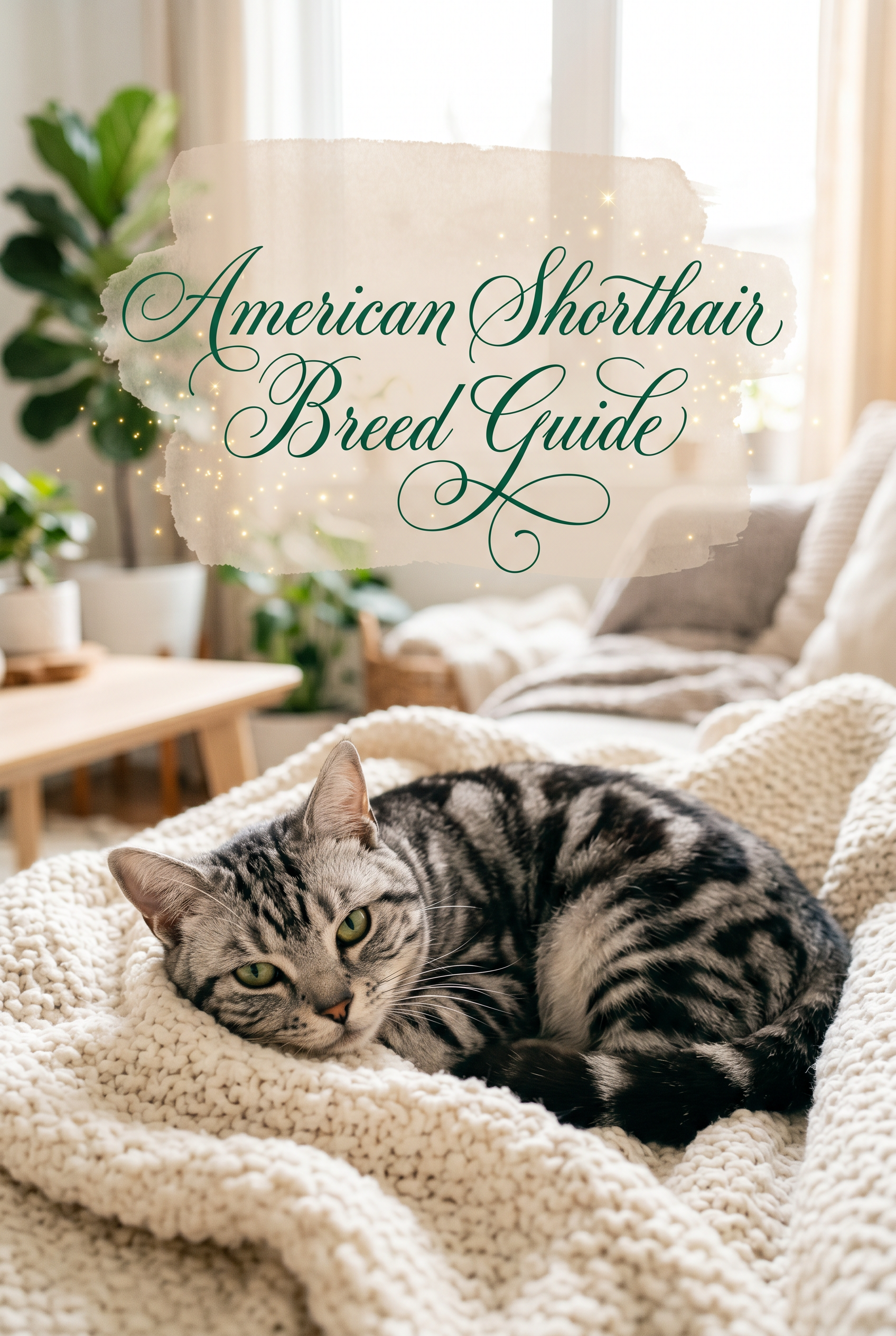 A premium, high-quality photograph of a stunning silver tabby American Shorthair cat with expressive green eyes, sitting gracefully in a sunlit, modern living room. The cat is surrounded by soft bokeh lighting. In the center, a elegant decorative text overlay reads 'American Shorthair Breed Guide' in deep emerald green calligraphy on a soft beige watercolor wash.