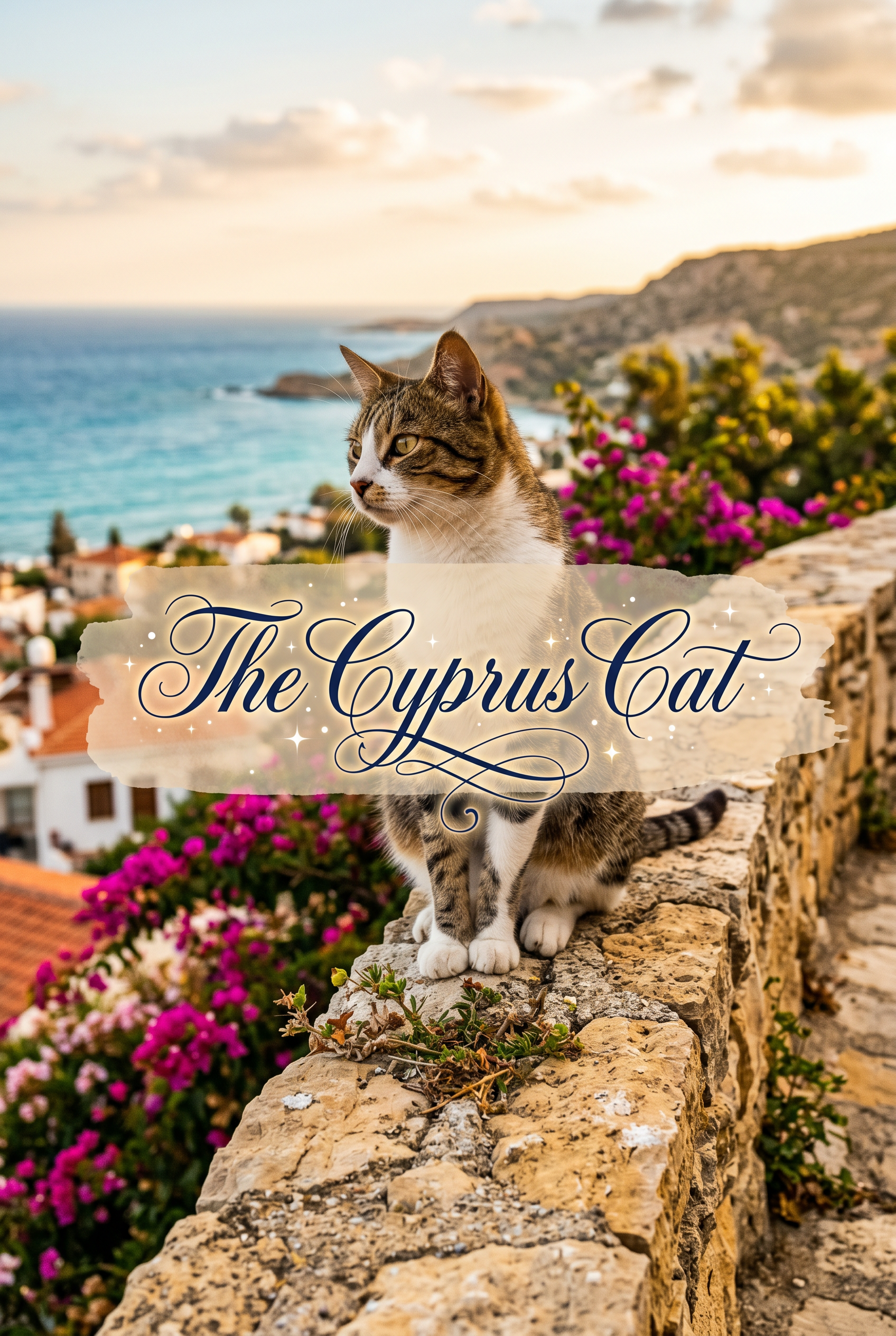 A beautiful, athletic Cyprus cat sitting on a sun-drenched stone terrace overlooking the Mediterranean sea. The cat has an alert expression and a sleek coat. Overlaid in the center is the title The Cyprus Cat in elegant, swirling navy cursive script on a soft pastel-colored watercolor patch with a subtle magical glow.