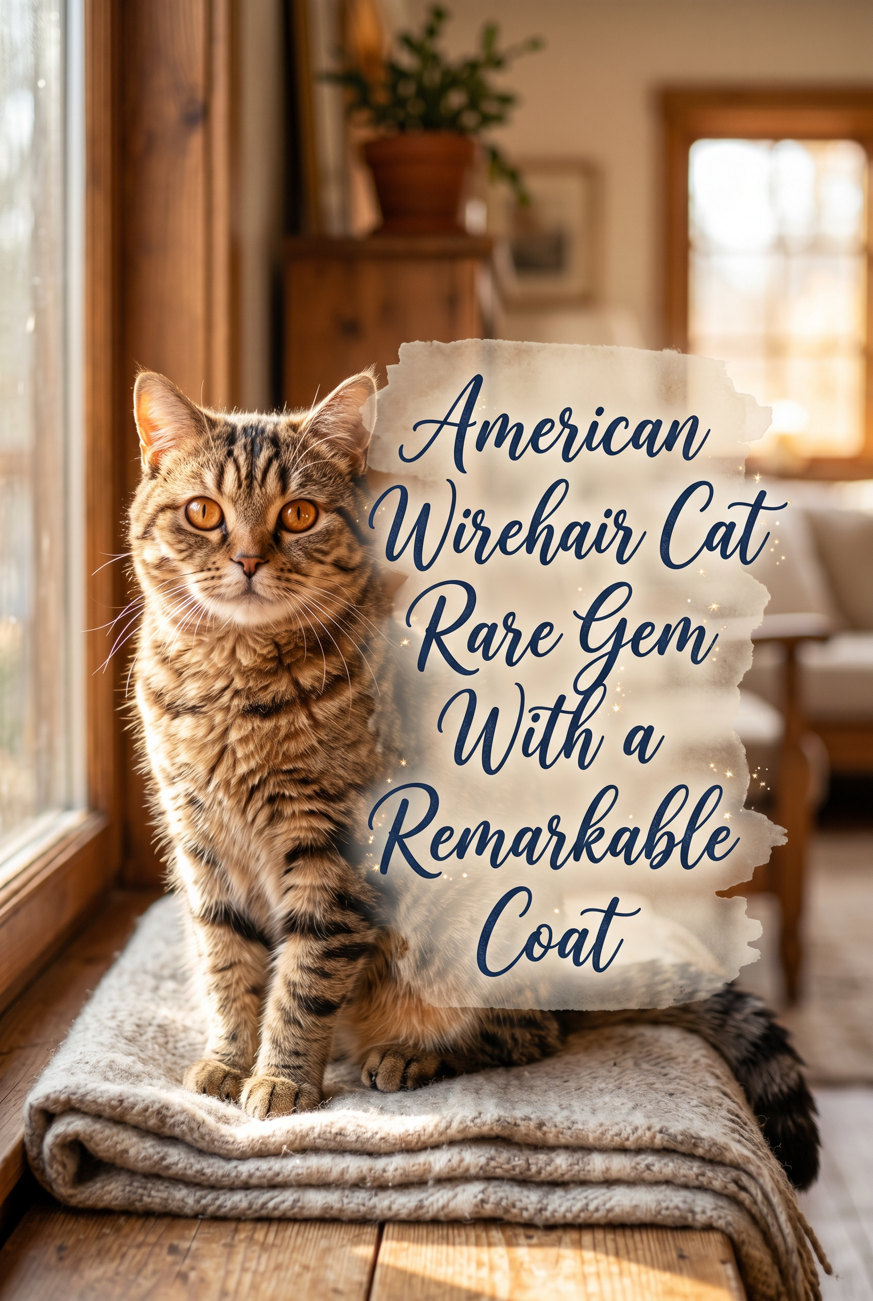 A high-quality 2:3 portrait of a beautiful American Wirehair cat showcasing its unique crimped and springy fur. The cat has striking gold eyes and is sitting in a sunlit, cozy home environment. Centered on the image is the title American Wirehair Cat Rare Gem With a Remarkable Coat written in a sophisticated navy blue cursive font on a soft, semi-transparent pastel brushstroke with subtle fairy-dust accents.