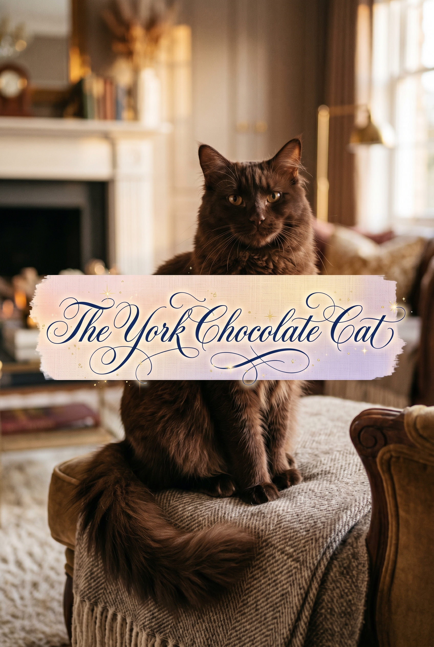 A stunning York Chocolate cat with a long, silky chocolate-brown coat and intelligent golden eyes sitting on a plush cream-colored blanket. The background features a soft-focus, sunset-lit living room. Overlaying the center is the title The York Chocolate Cat in elegant navy cursive typography over a soft beige watercolor brushstroke.