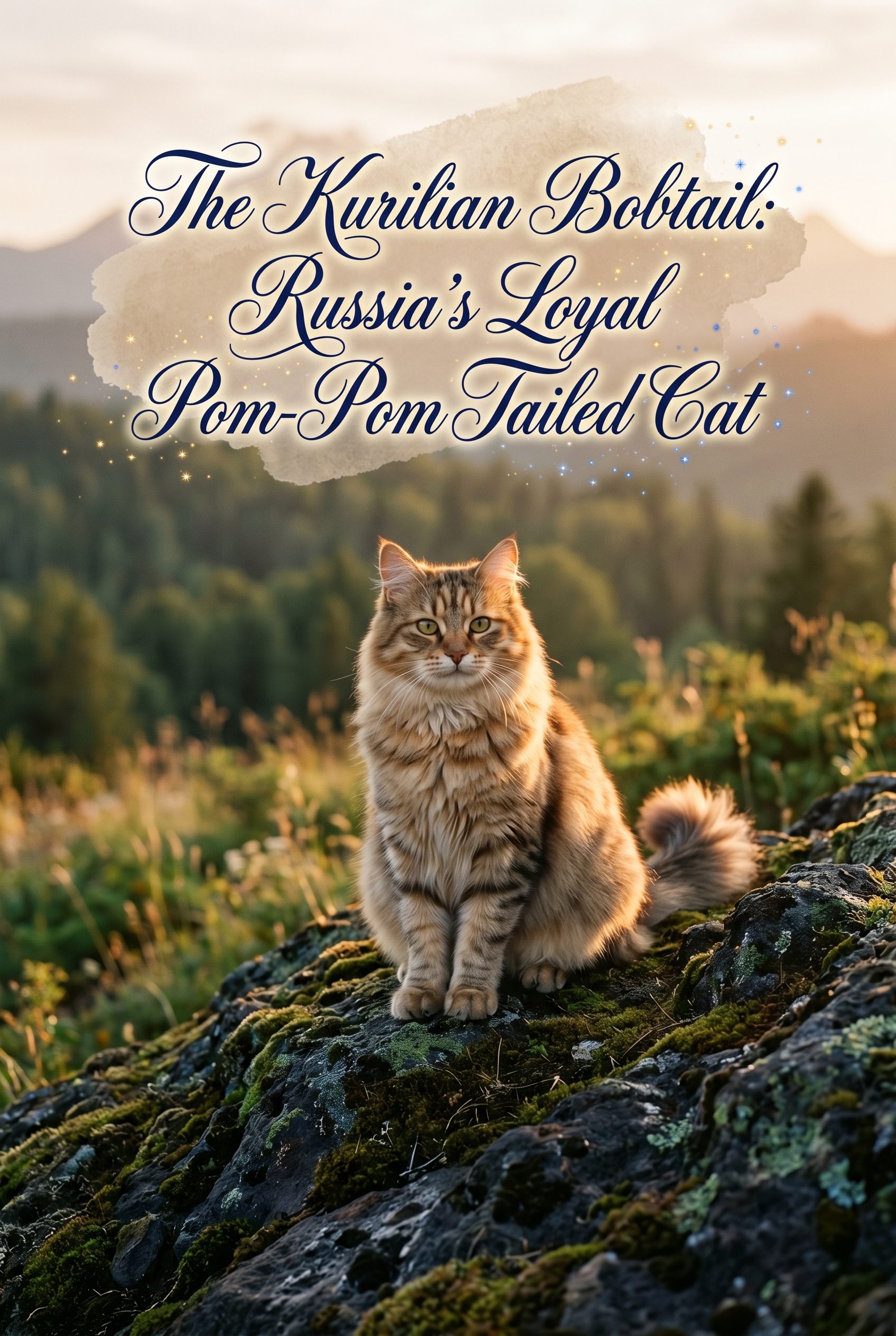 A magnificent Kurilian Bobtail cat showcasing its plush coat and iconic fluffy pom-pom tail, perched on a rustic stone in a soft-focus volcanic island landscape. The cat has intelligent, glowing amber eyes. Centered on the image is a decorative title in elegant navy cursive script layered over a soft, textured pastel brush stroke.