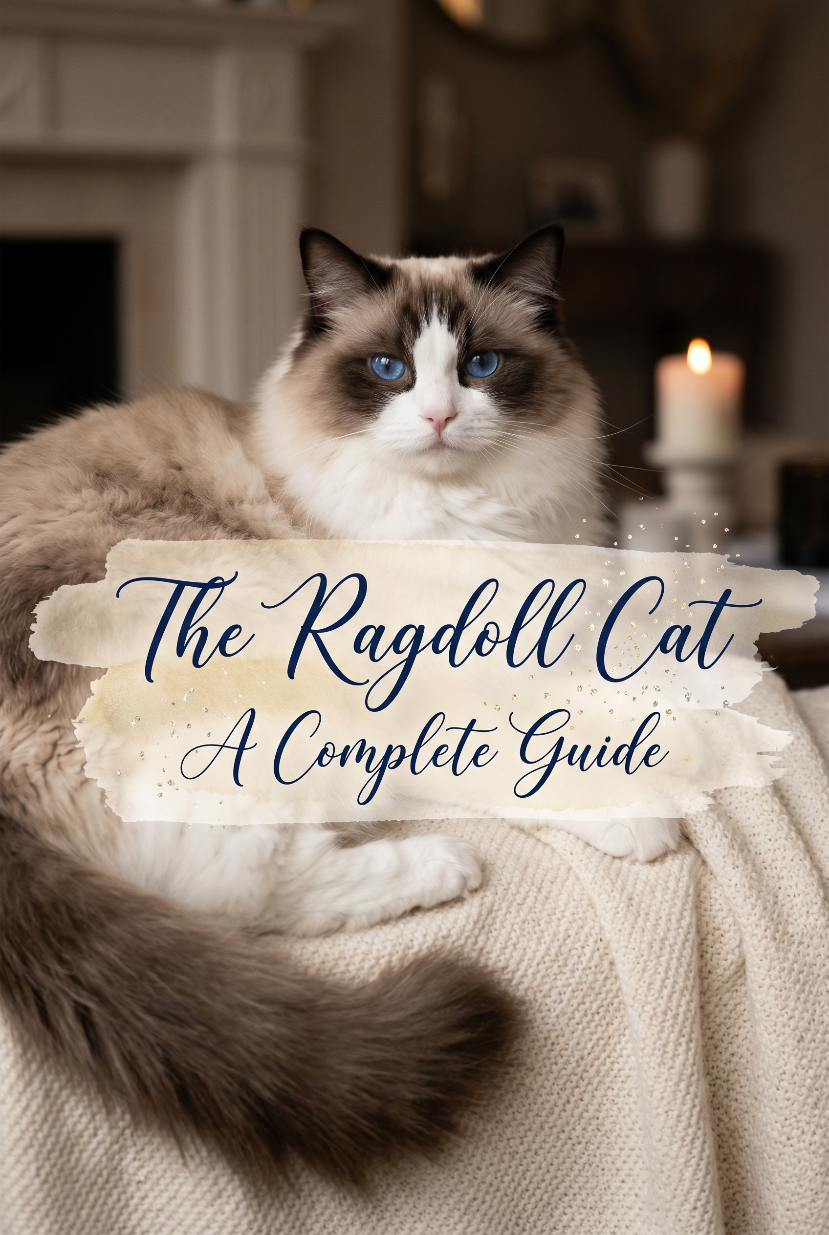 A large, fluffy Ragdoll cat with striking blue eyes and a soft cream and seal coat, relaxing elegantly on a plush velvet sofa. The image features a central artistic overlay with a soft beige watercolor wash and premium calligraphy text. Tiny magical sparkles surround the text, and the lighting is warm and golden, creating a luxury domestic atmosphere.