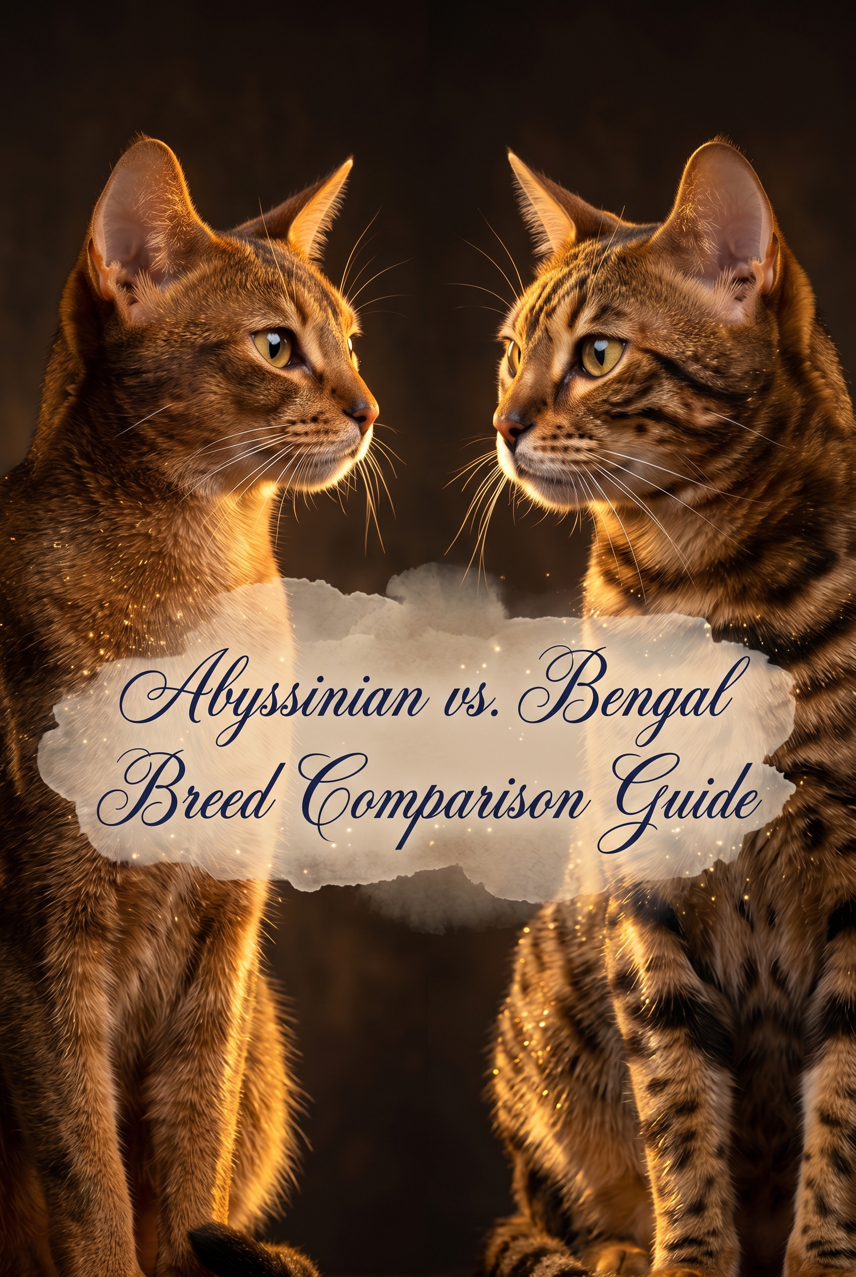 An elegant Abyssinian cat with a ruddy ticked coat on the left and a wild-looking Bengal cat with spotted rosettes on the right, posed symmetrically. Between them is a horizontal, soft beige watercolor brushstroke featuring stylized, high-end cursive text and sparkling fairy-dust accents. High-end lifestyle photography style with soft sunburst lighting.