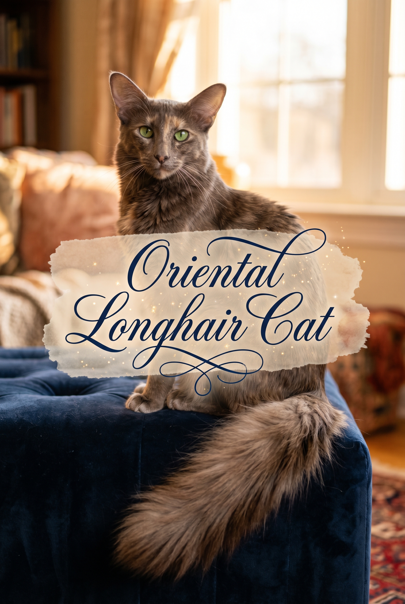A majestic Oriental Longhair cat with a slender, tubular body, large alert ears, and striking green almond-shaped eyes. The cat is posing elegantly in a warm, sun-drenched modern living room. Overlaid in the center is stylized decorative typography.