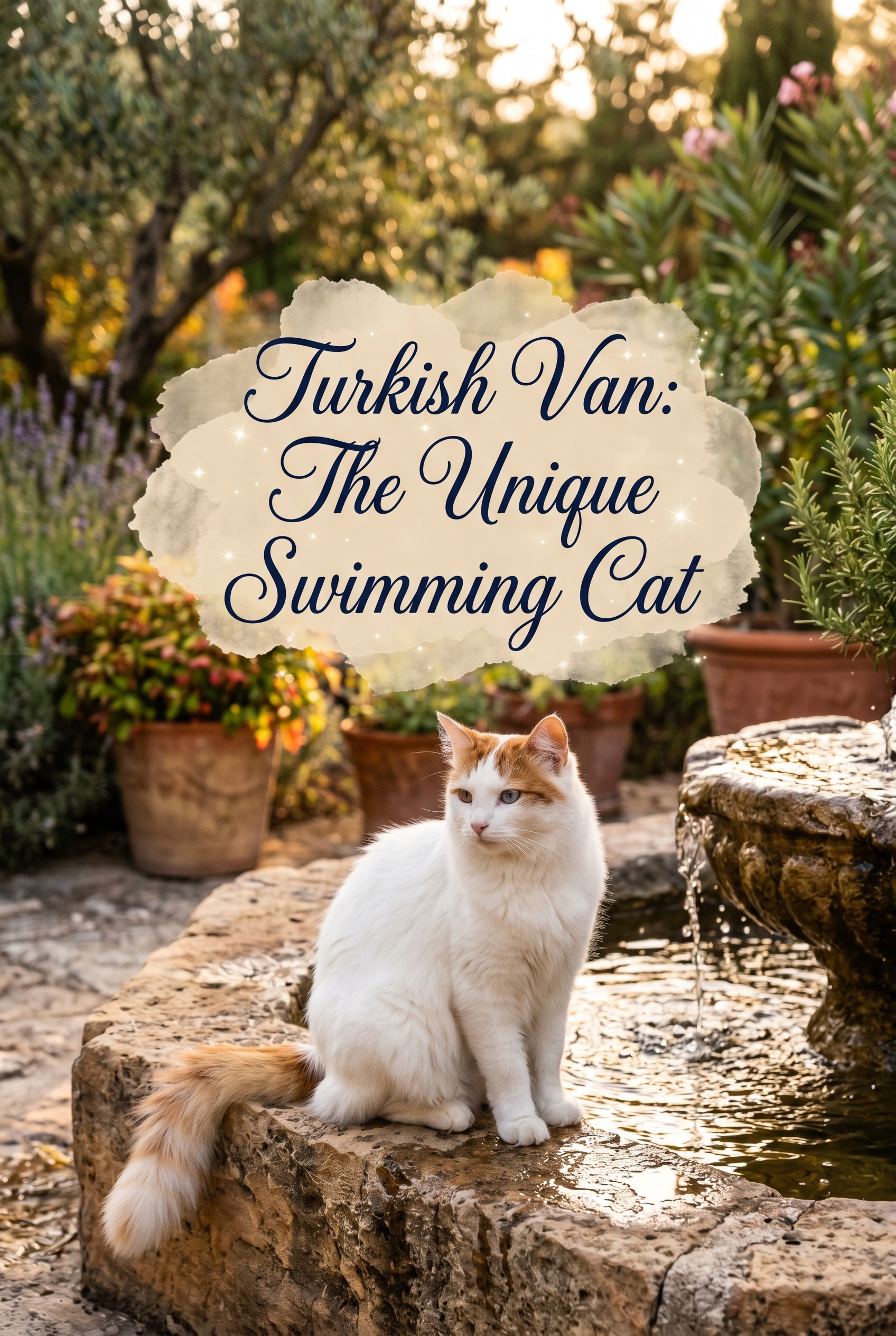A magnificent Turkish Van cat with a white silky coat and ginger markings on its head and tail, sitting near a crystal-clear water fountain. The image features a warm, golden-hour glow with a lush garden background. In the center, the title is displayed in elegant, deep navy calligraphy on a soft pastel brush-stroke background.