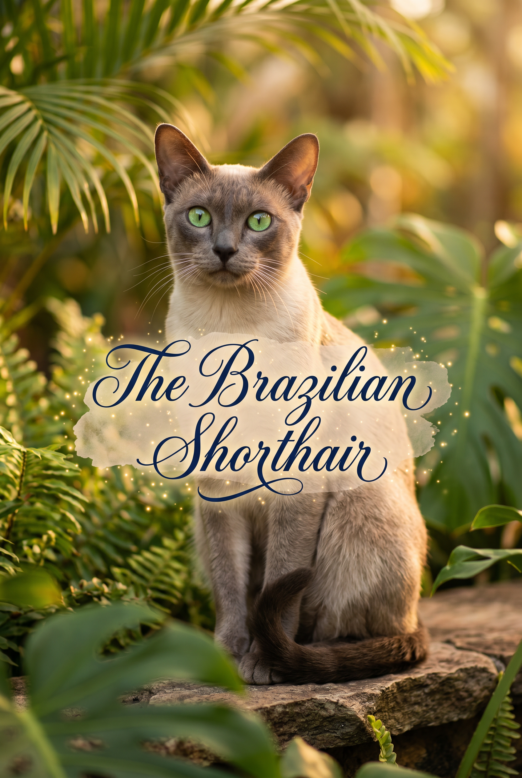 A beautiful, sleek Brazilian Shorthair cat sitting gracefully next to a lush tropical plant, with stylized elegant cursive text overlaying the center.