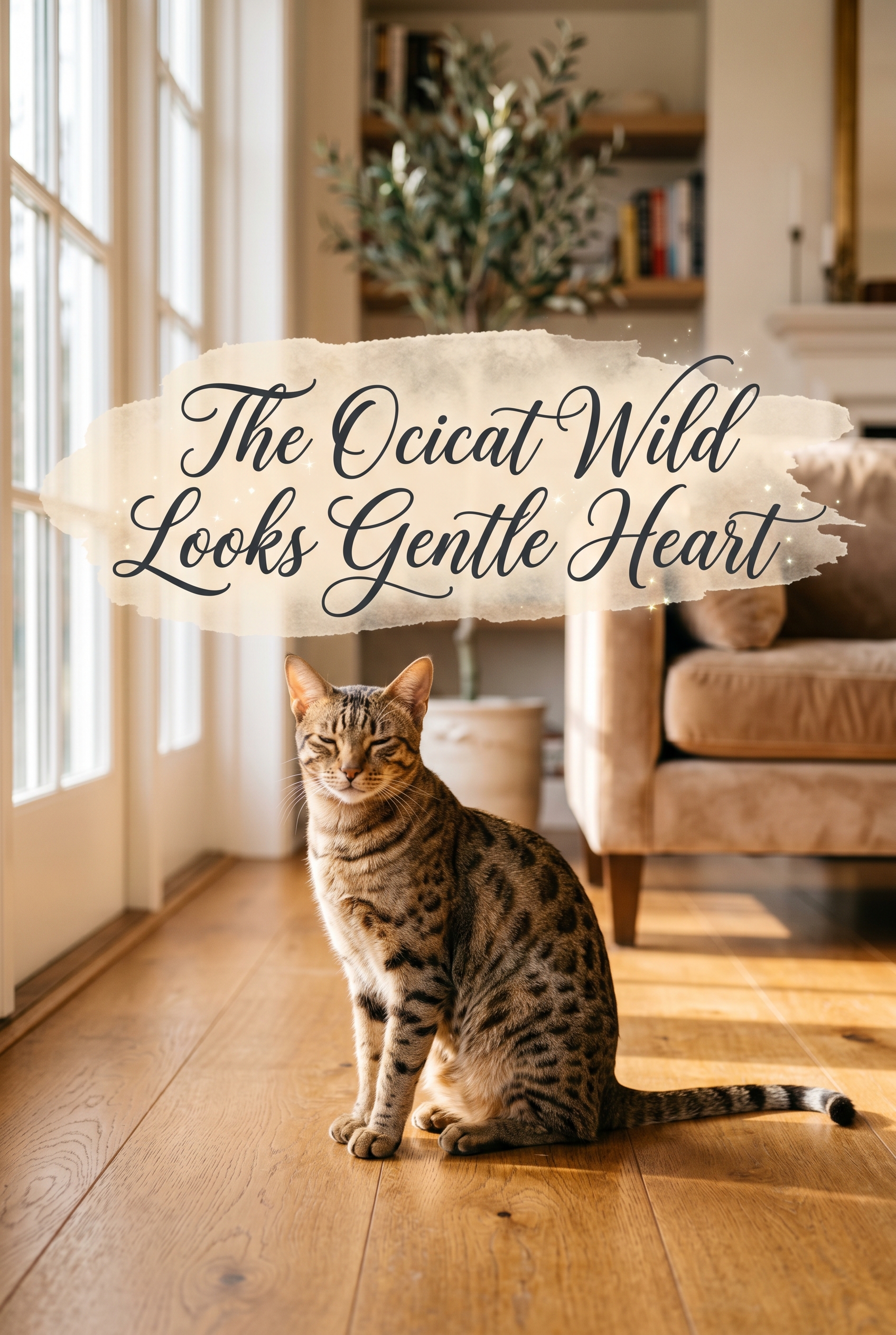 An athletic Ocicat with a golden-brown coat and dark thumbprint spots sits gracefully in a sunlit, upscale home. Overlaid in the center is the title The Ocicat Wild Looks Gentle Heart in a deep navy, elegant cursive font with decorative flourishes, set against a soft, semi-transparent beige watercolor wash. Tiny magical glints surround the text.