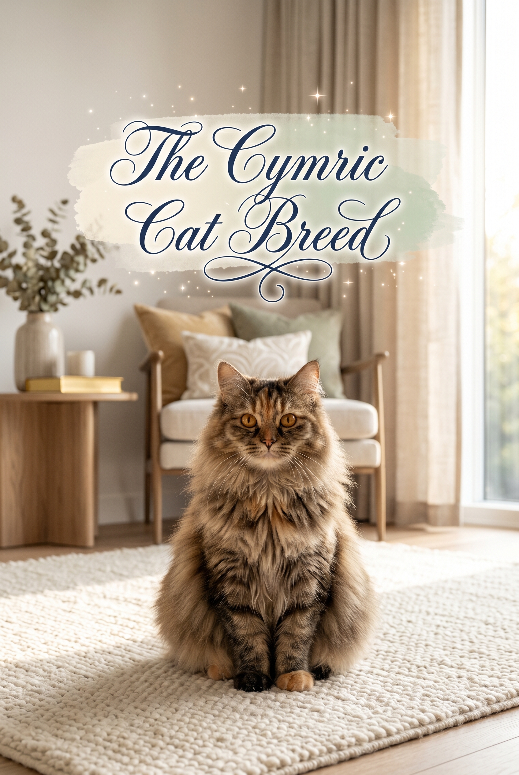 A stunning long-haired Cymric cat with a thick, luxurious silver and white coat sitting gracefully in a sun-drenched, high-end interior. The cat has a distinctive tailless silhouette and large, expressive golden eyes. Over the center of the image, the title The Cymric Cat Breed is displayed in an elegant, deep navy cursive script over a soft, semi-transparent pastel wash.