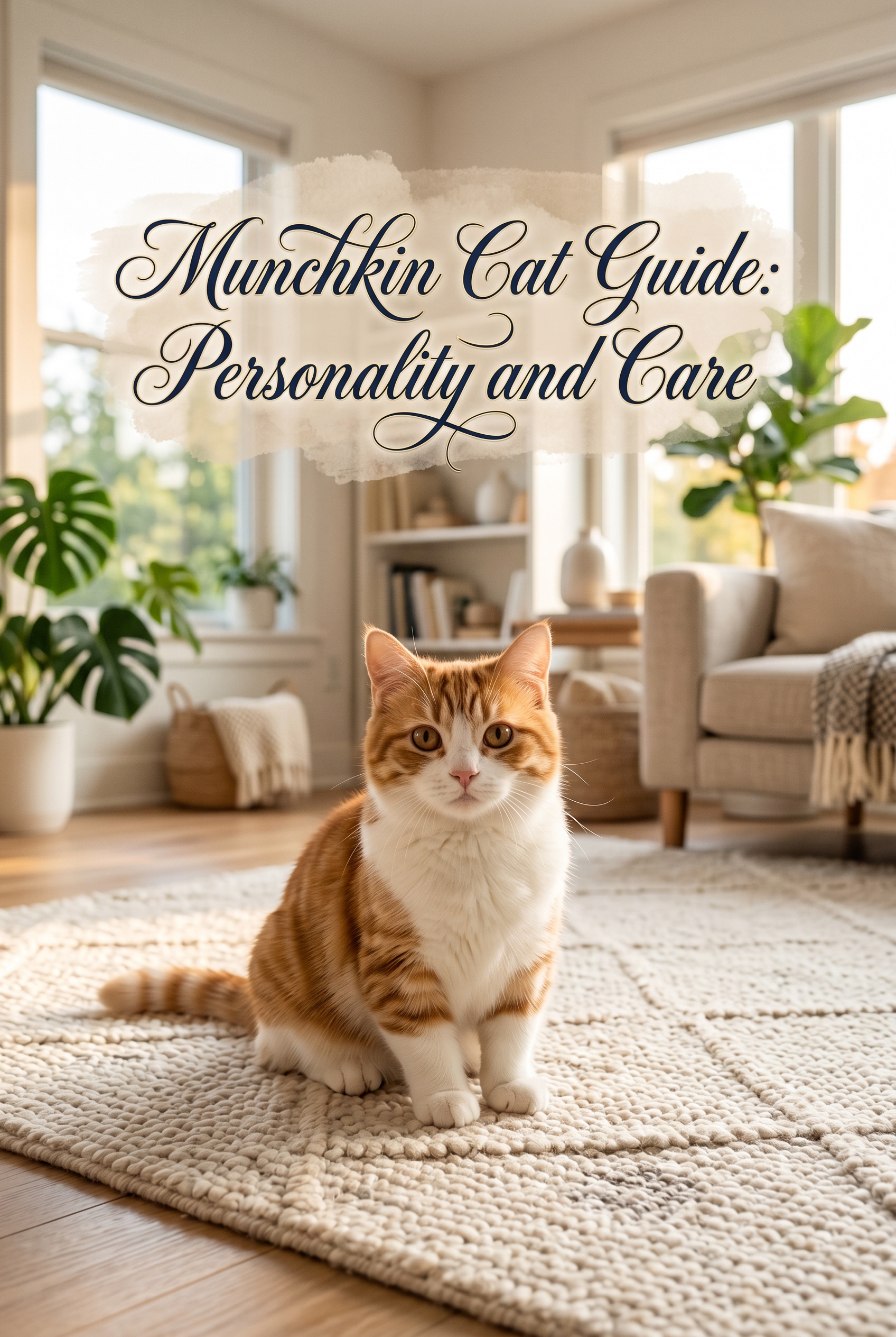 A charming ginger and white Munchkin cat with distinctive short legs sitting on a plush cream-colored rug in a sunlit modern living room. The cat has a curious expression and large expressive eyes. Centered on the image is the text 'Munchkin Cat Guide: Personality and Care' in elegant, deep navy cursive calligraphy over a soft-edged watercolor wash with subtle sparkles.