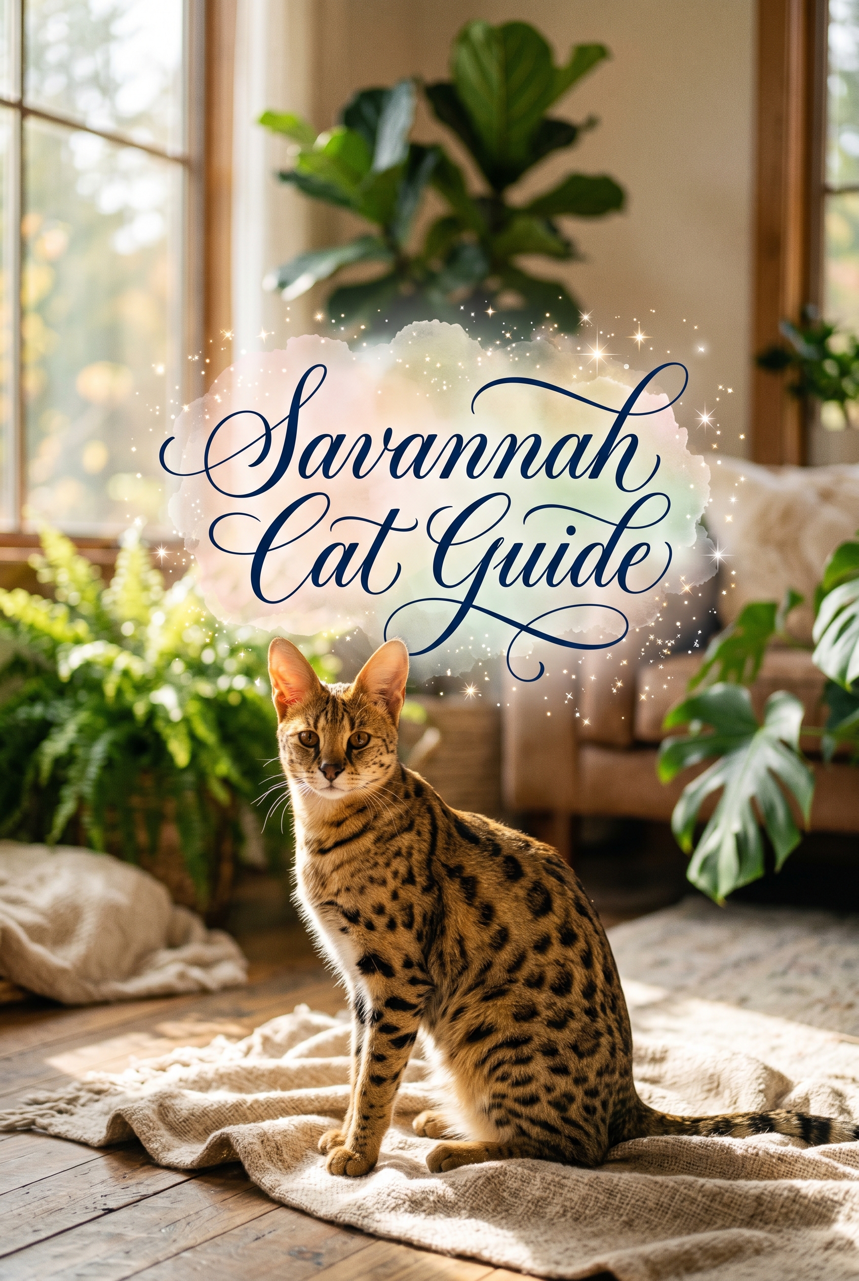 A majestic Savannah cat with striking dark spots and long athletic limbs sitting elegantly in a sun-drenched room. The image features the high-contrast text Savannah Cat Guide in a beautiful cursive script across the center, accented with subtle glints and a soft background glow.
