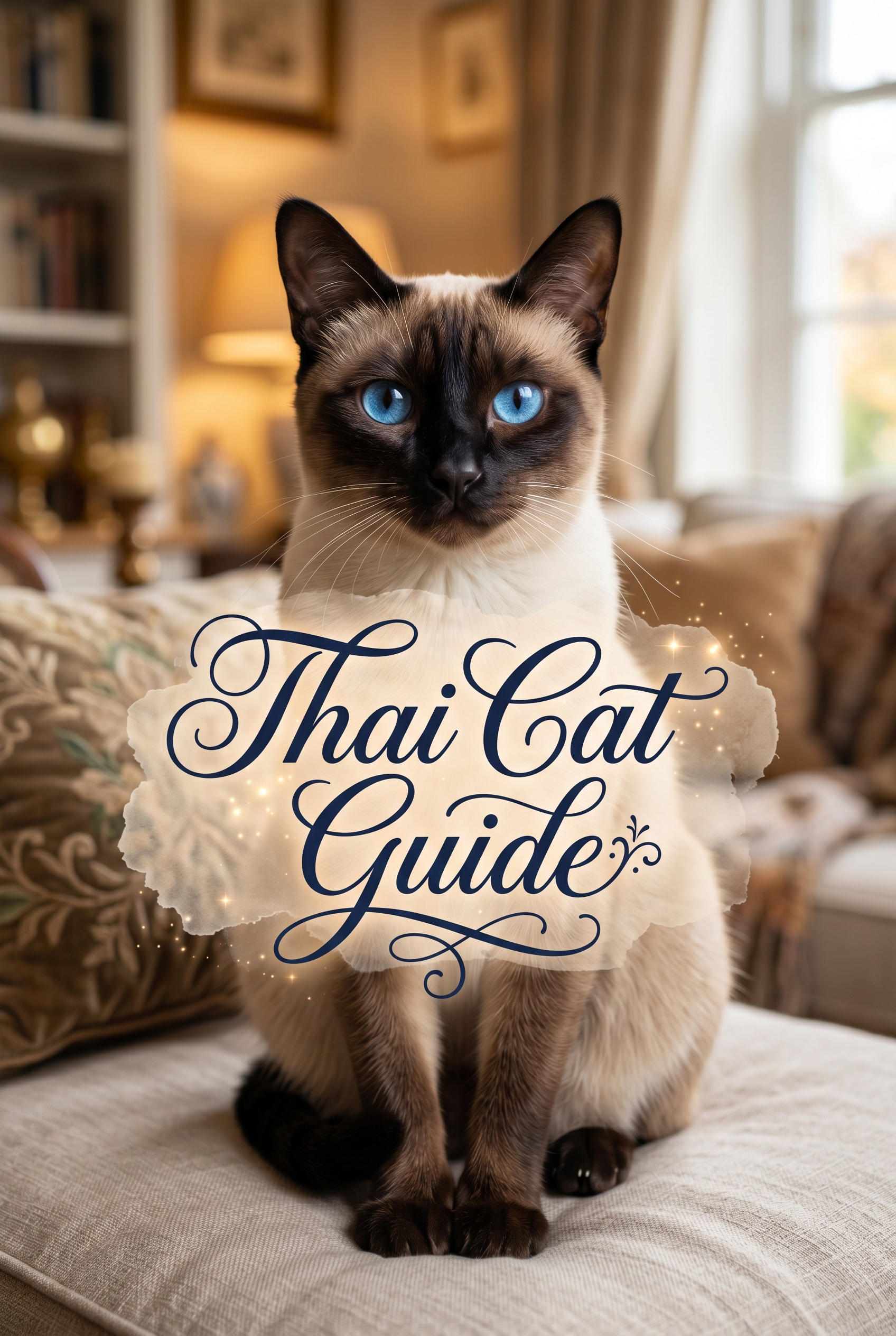 A high-end portrait of a Thai cat with stunning blue eyes and seal point markings. The cat has a rounded apple-head shape and is sitting elegantly in a sun-drenched, warm room. Overlaid in the center is stylized cursive text reading Thai Cat Guide on a soft, ethereal textured background.
