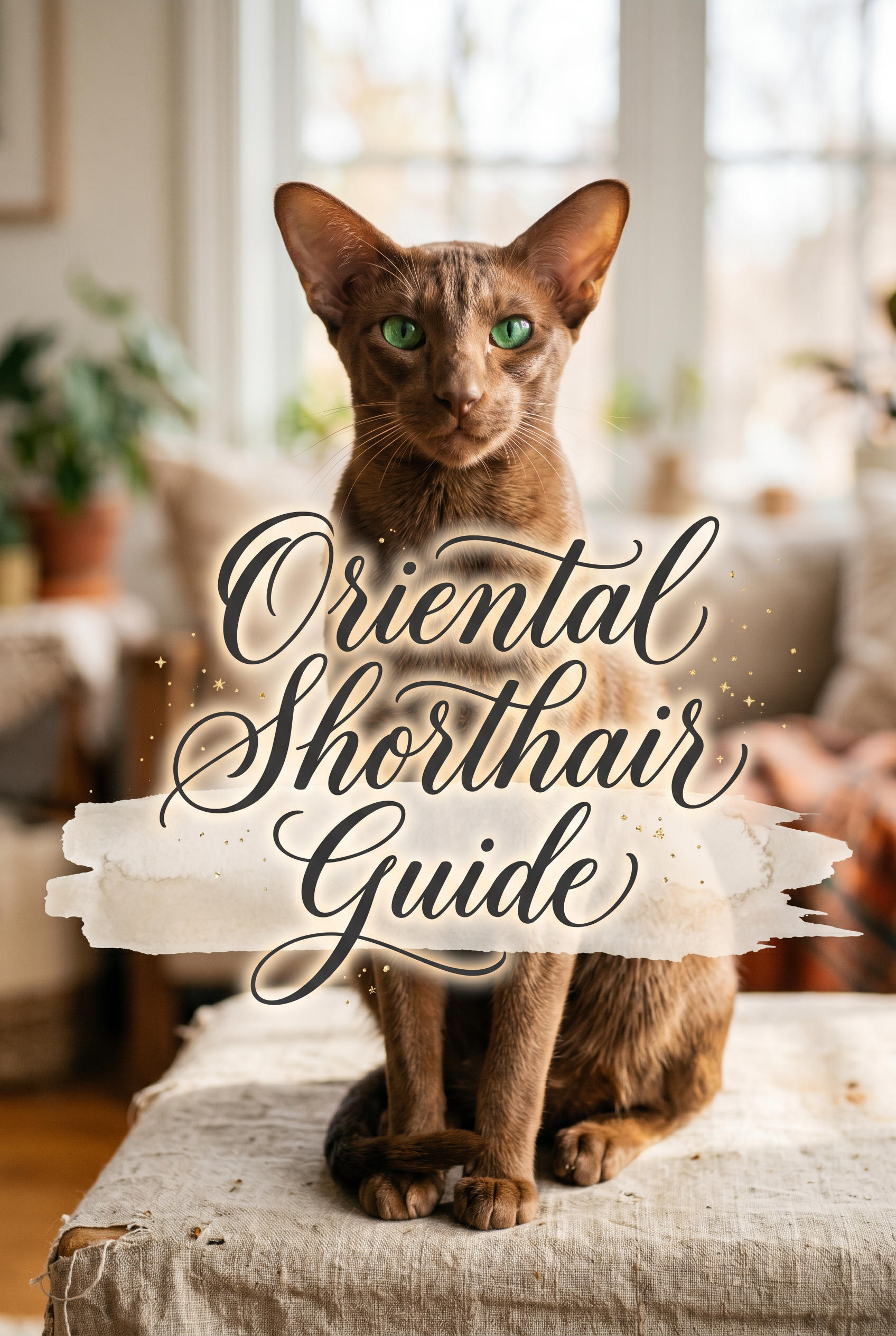 An elegant Oriental Shorthair cat with iconic large ears and a sleek, lithe body, sitting gracefully in a sun-drenched, high-end living space. The background is a soft-focus interior with warm, golden-hour lighting. Centered on the image is a textured pastel-colored brush-stroke patch which holds the stylish title text in a deep charcoal script. The scene feels luxurious and warm, highlighting the cat's sophisticated silhouette.