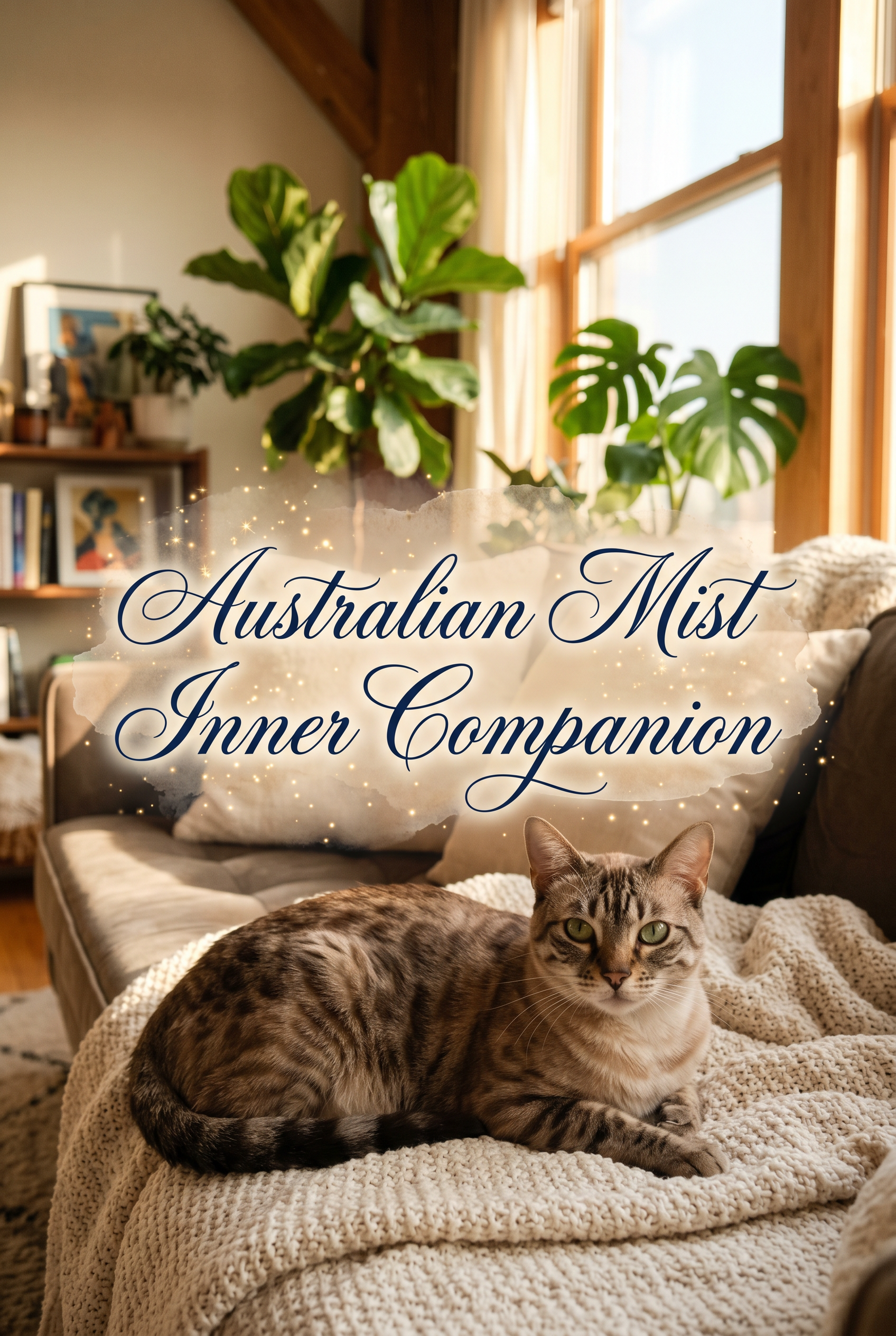 A beautiful Australian Mist cat with a spotted coat and luminous green eyes sitting comfortably in a sunlit, upscale living room. The cat looks calm and affectionate, surrounded by soft textures. The image features elegant central typography.