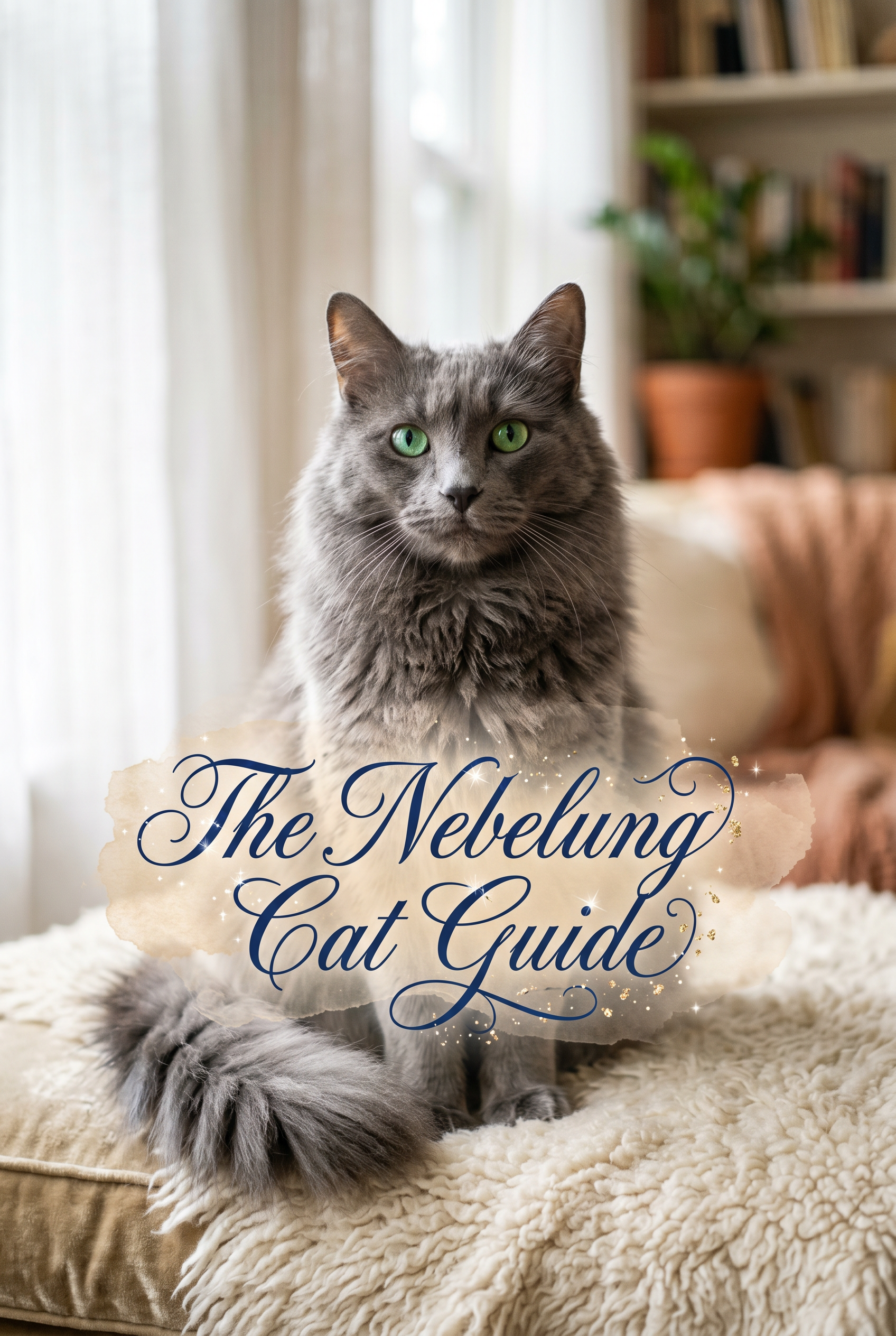 A graceful Nebelung cat with long shimmering blue-gray fur and striking green eyes, sitting elegantly in a soft morning light. In the center, the words 'The Nebelung Cat Guide' are written in a sophisticated navy blue calligraphy over a soft parchment-textured brush stroke.
