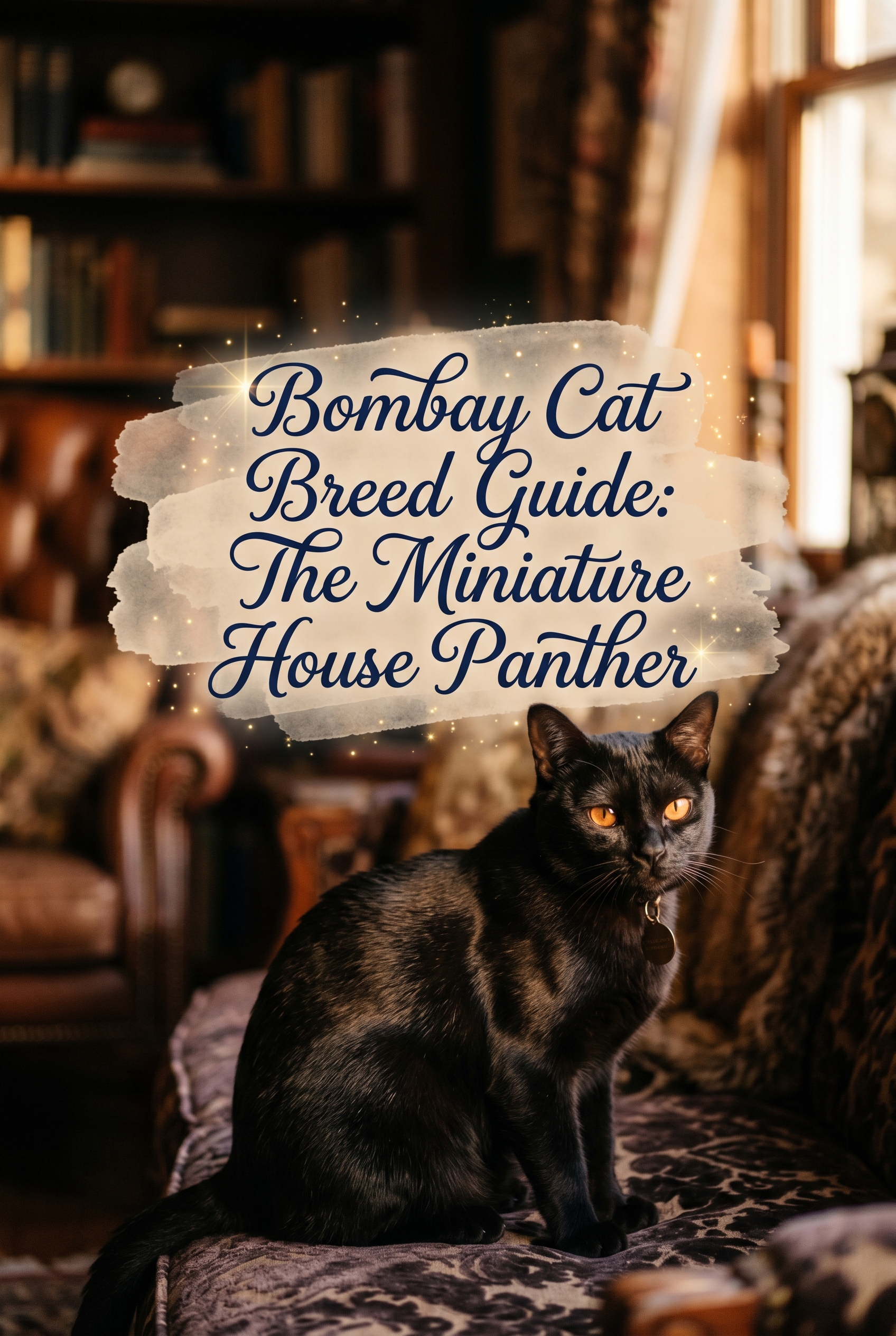 A stunning Bombay cat with a glossy black coat and striking copper eyes, sitting elegantly in a warm, low-lit room. Centered on the image is the stylized title Bombay Cat Breed Guide: The Miniature House Panther.