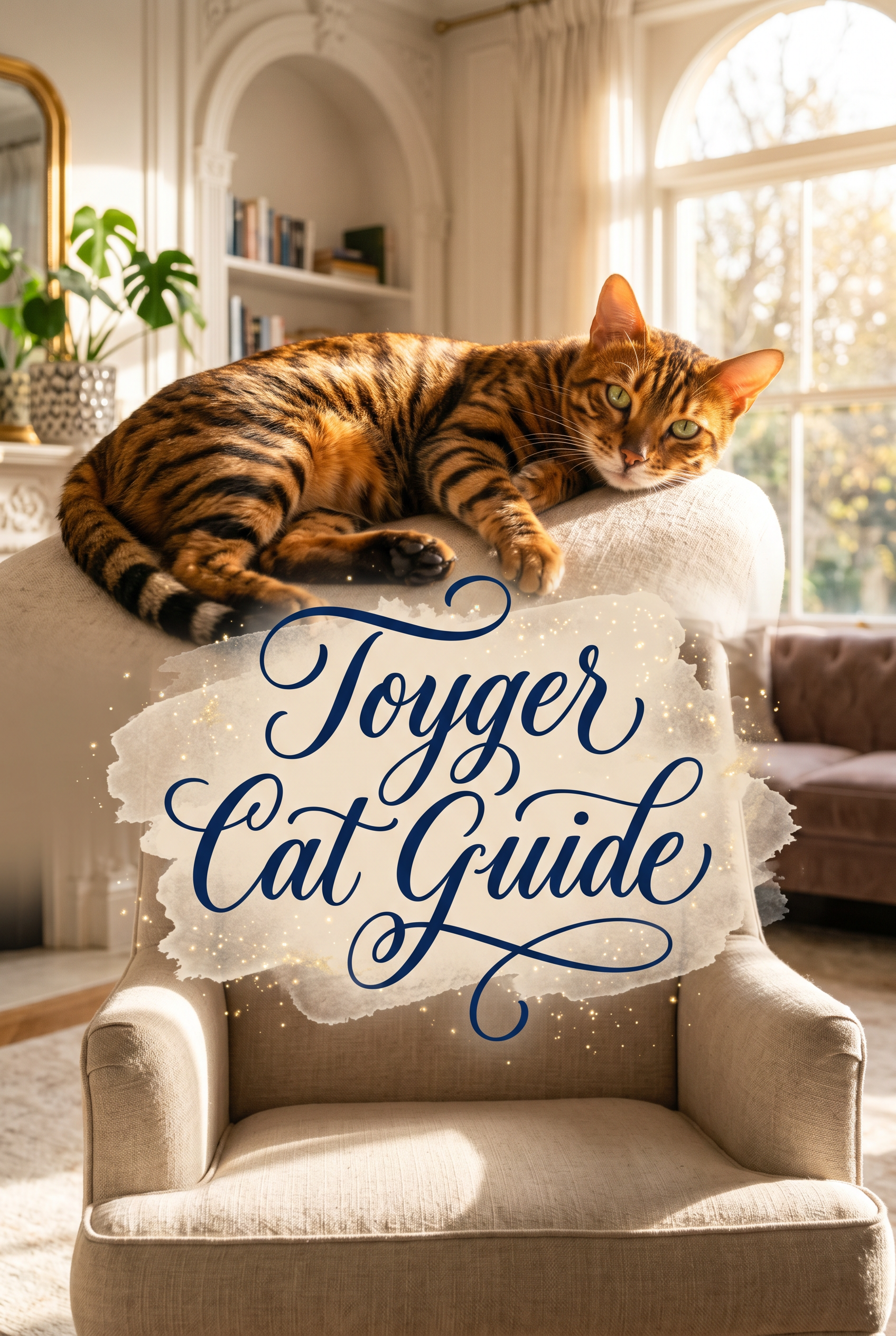 A majestic Toyger cat with vibrant orange fur and bold vertical black stripes sitting gracefully on a velvet emerald sofa. The cat's intelligent green eyes are focused. In the center, the text Toyger Cat Guide is written in an exquisite, fluid navy blue cursive script with elegant flourishes, set against a soft-edged golden watercolor wash. Tiny magical sparkles surround the lettering, creating a premium and enchanting atmosphere. High-end lifestyle photography style.