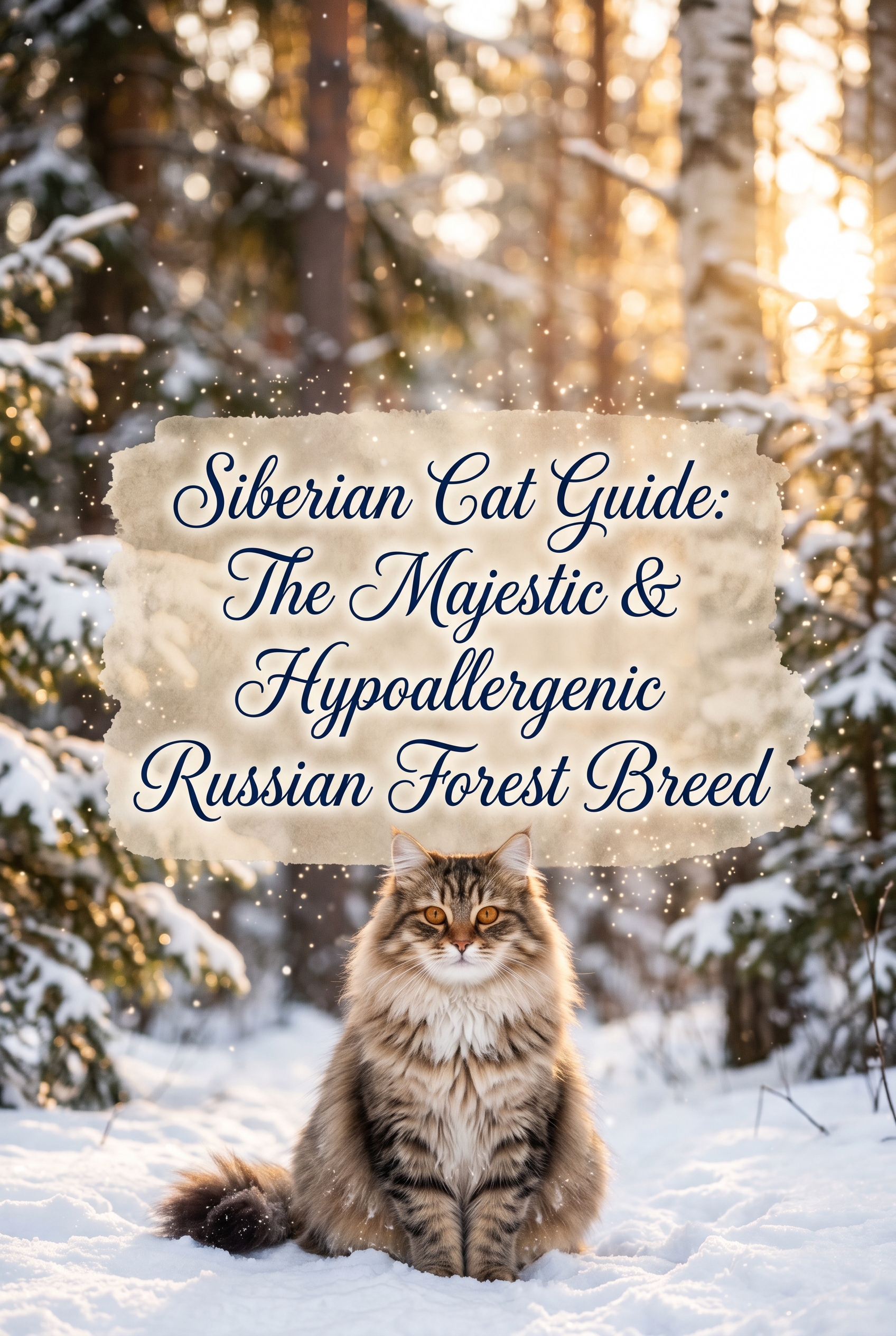 A large, fluffy Siberian cat with thick tabby fur and bright copper eyes, sitting regally in a high-end, softly lit forest environment. Across the middle of the image, the title Siberian Cat Guide: The Majestic & Hypoallergenic Russian Forest Breed is displayed in elegant navy blue calligraphy on a soft, semi-transparent beige brush-stroke background, accented with subtle golden sparkles.