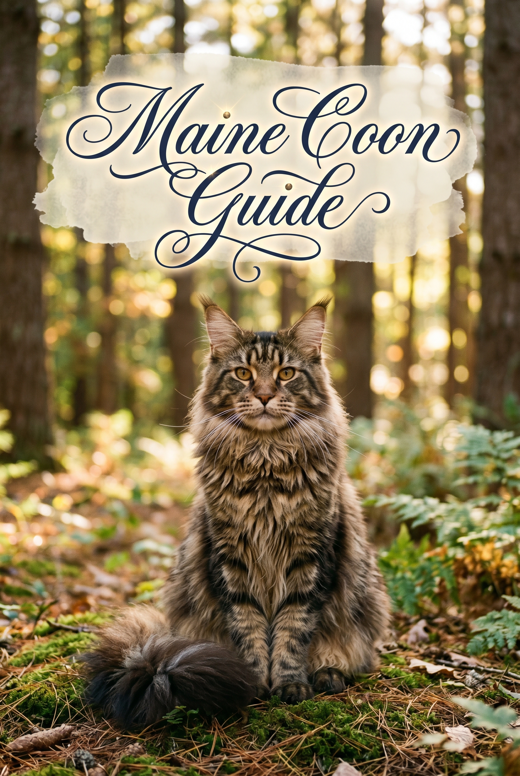 A majestic, large Maine Coon cat with long brown tabby fur, tufted ears, and a bushy tail, sitting elegantly in a soft-focus forest setting. The center of the image features a stylish text overlay on a soft watercolor patch reading Maine Coon Guide.