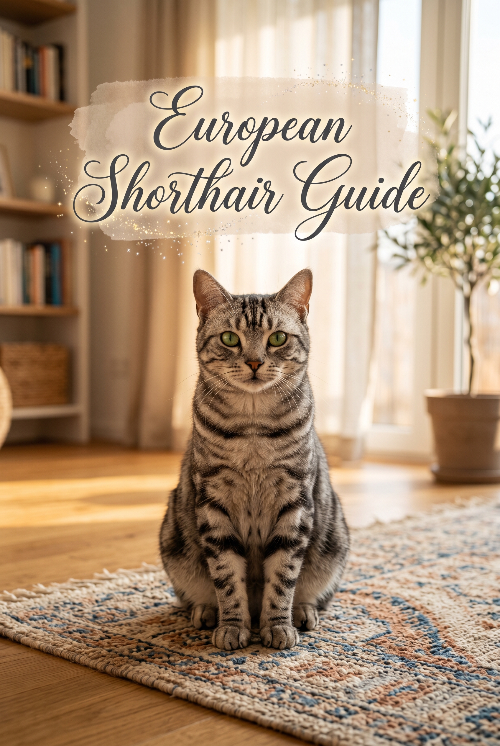 A professional 2:3 portrait of a silver tabby European Shorthair cat with intelligent gold-green eyes, perched elegantly in a sunlit Scandinavian-style living room. The center of the image features the title European Shorthair Guide in a luxurious, deep charcoal cursive script with elegant swashes, layered over a soft-edged peach watercolor wash. Tiny glinting highlights surround the text, creating a high-end, magical aesthetic.