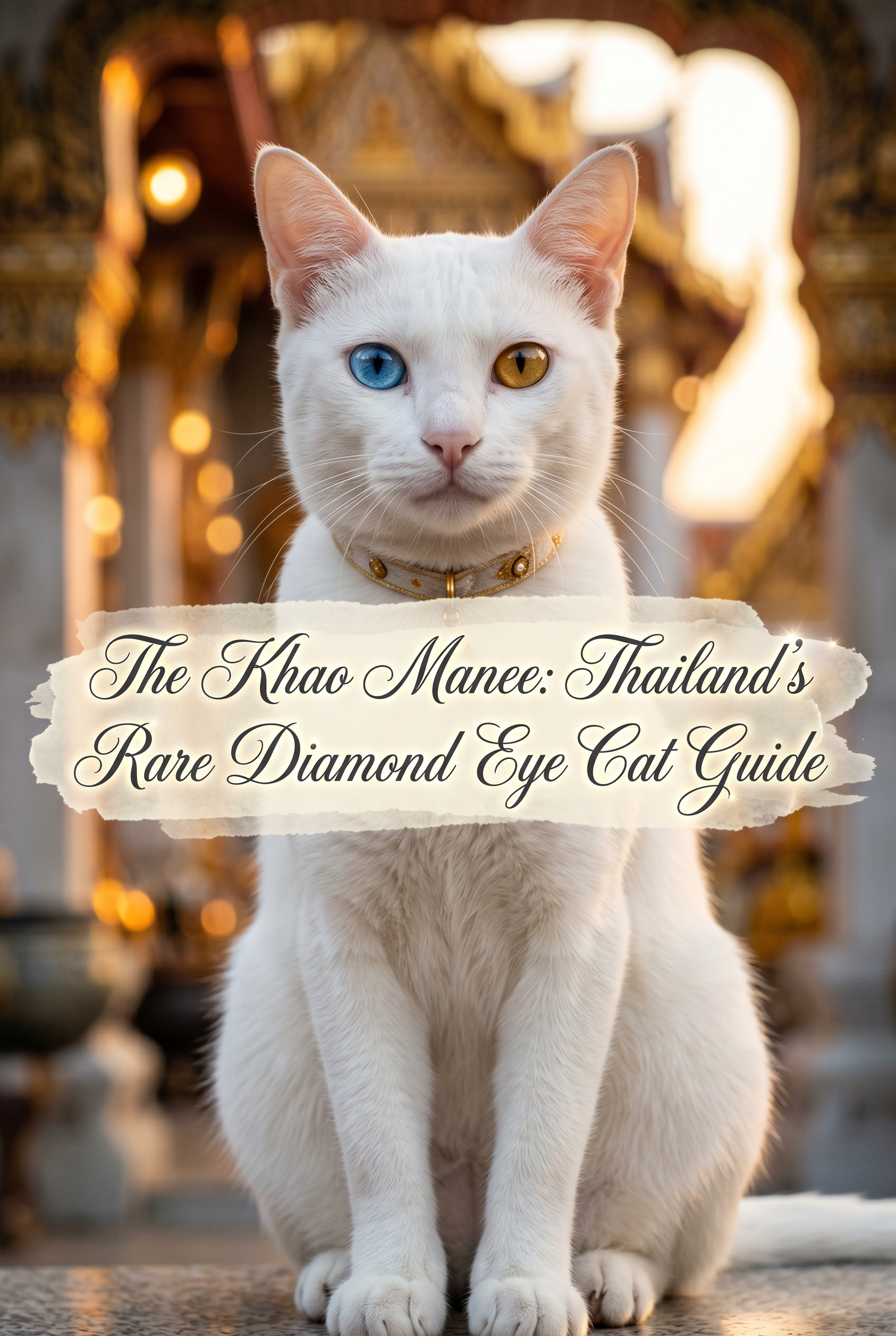 A portrait of a stunning Khao Manee cat with a short, pure white coat and striking heterochromia—one vivid blue eye and one brilliant gold eye. The cat is sitting regally in a warm, sun-drenched setting that suggests an ancient Thai temple courtyard. Centered on the image is decorative calligraphy text.