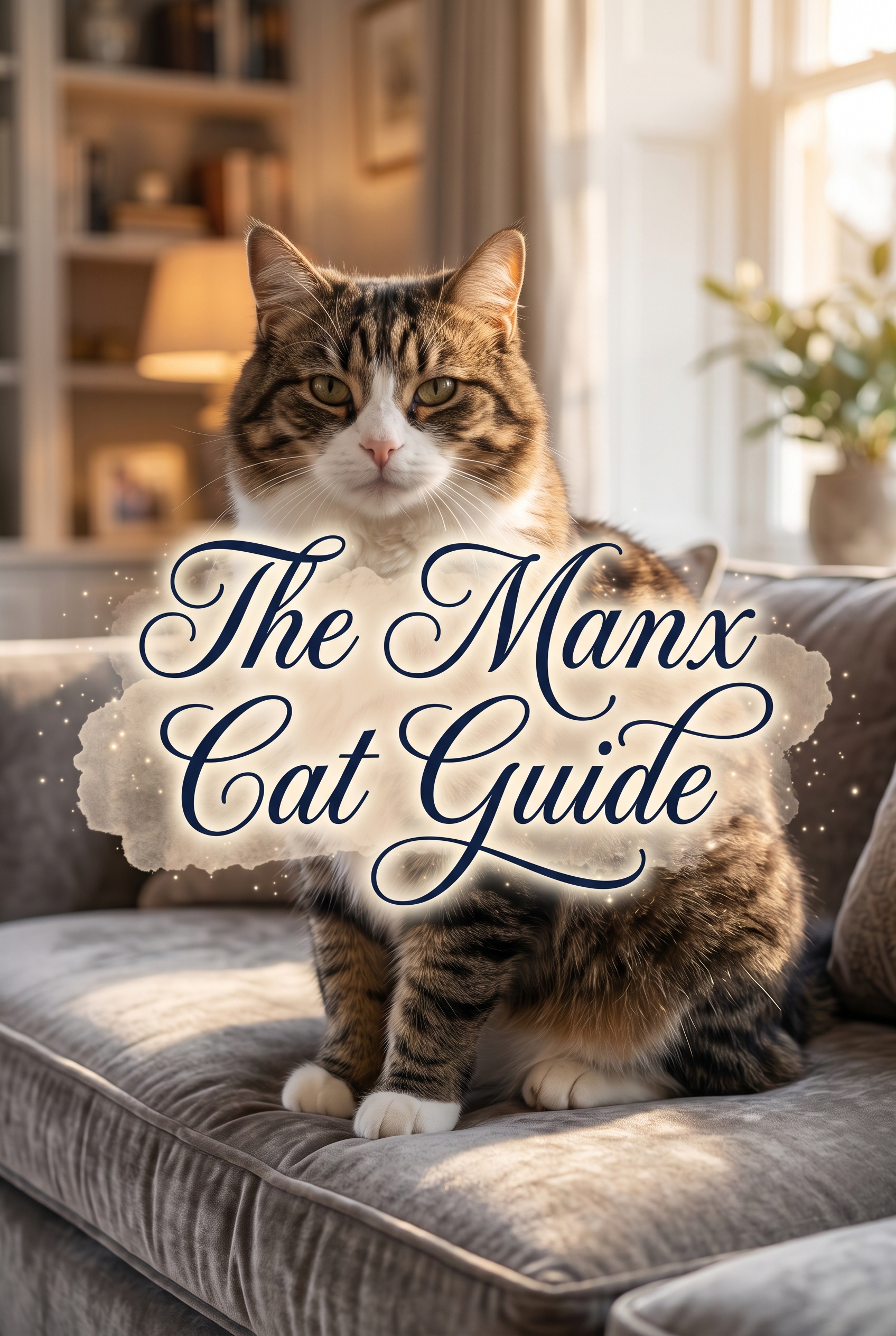 A high-end studio portrait of a stocky, tailless Manx cat with a dense tabby coat and round copper eyes. The cat is sitting gracefully on a velvet cushion. In the foreground, the title is displayed in a deep navy, fluid cursive script with elegant flourishes, resting atop a soft, cream-colored watercolor wash. Tiny, subtle golden sparkles dance around the lettering, creating a premium and enchanting aesthetic suitable for a cat breed guide.