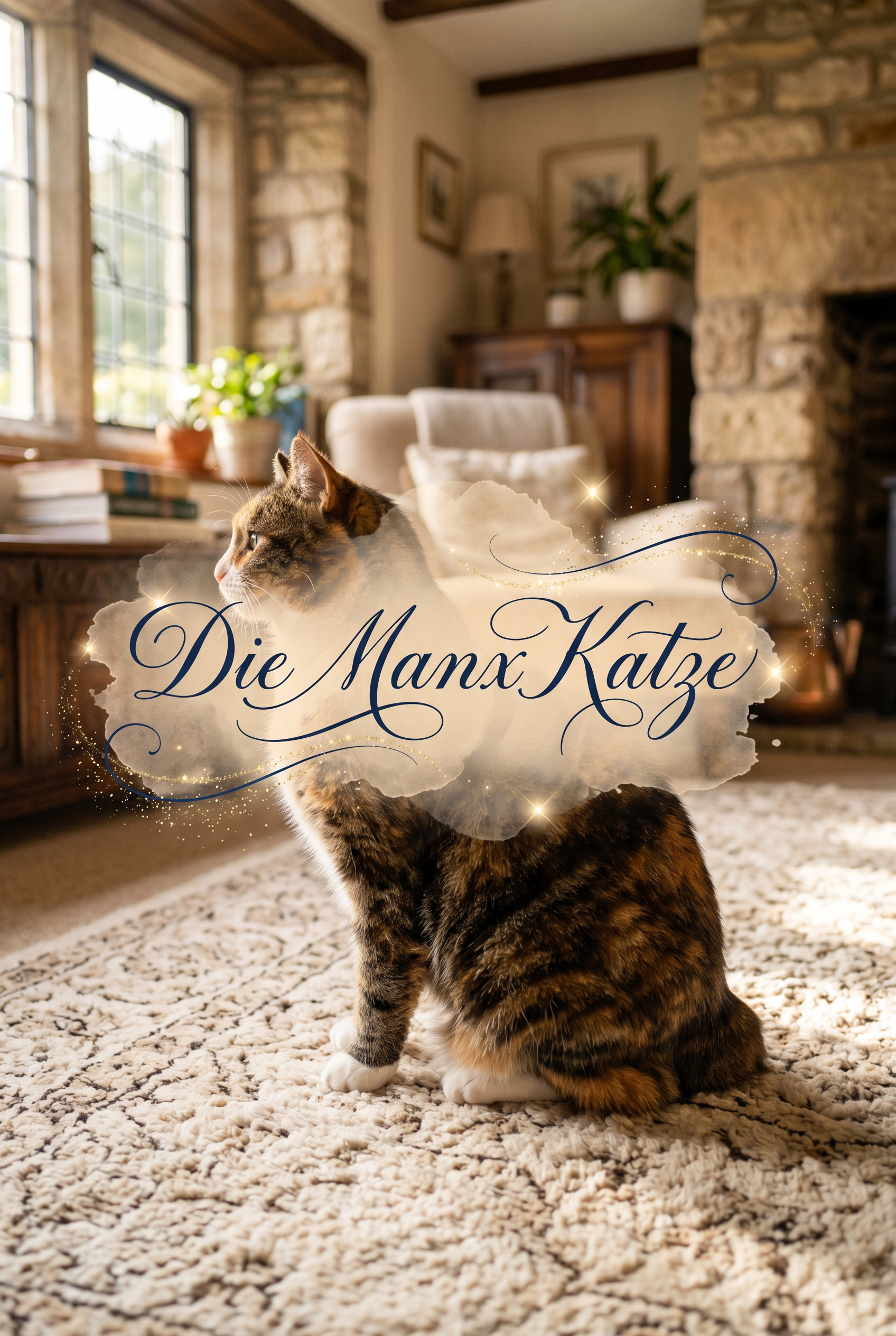 A charming short-haired Manx cat with its signature rounded back and missing tail, sitting in a sun-drenched, cozy living room. The cat has thick, soft fur and curious round eyes. The image features elegant central typography with the title and artistic glows.