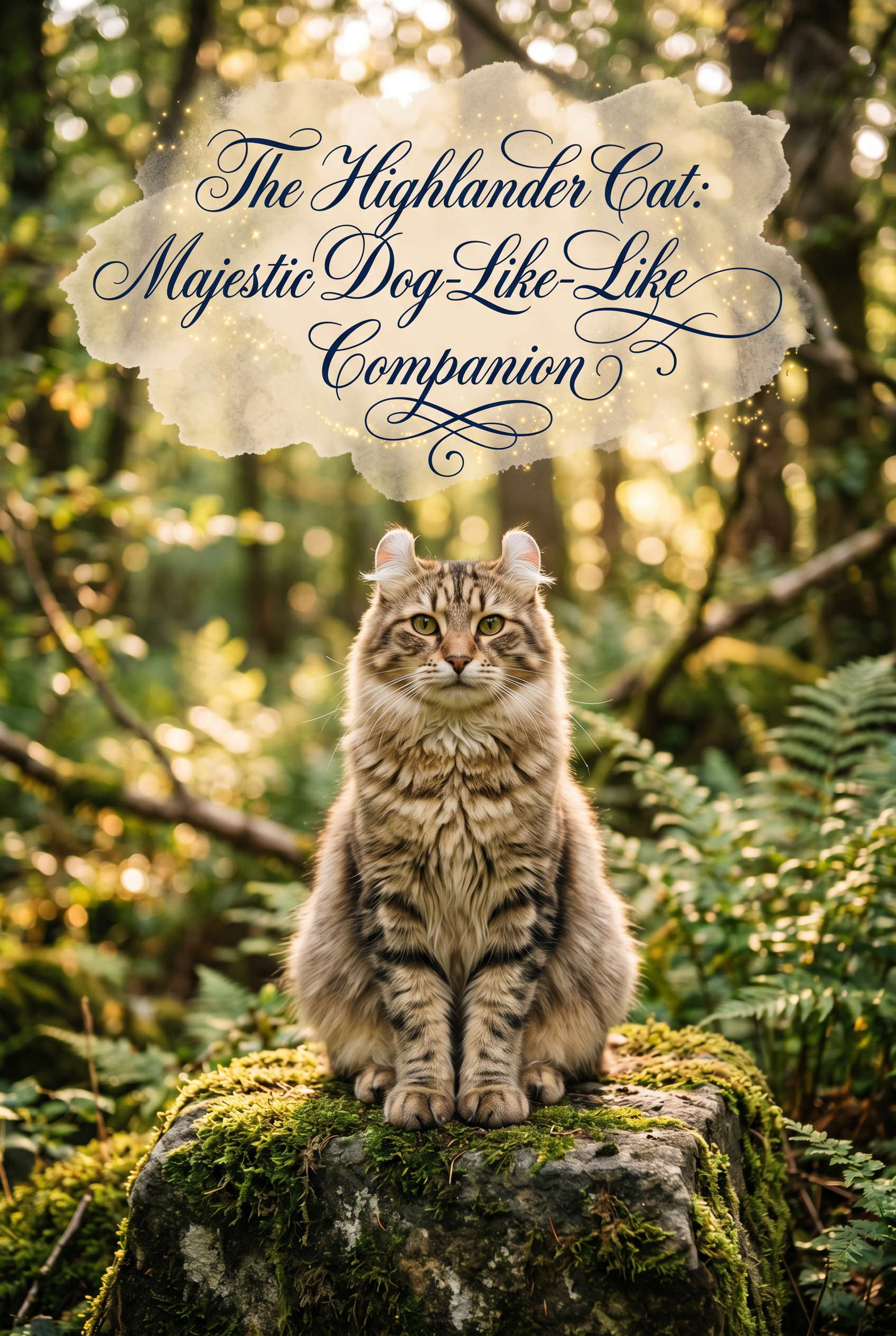 A stunning, large Highlander cat with distinctive curled ears and powerful paws sitting majestically in a soft-focus forest setting. The cat has a wild lynx appearance with beautiful spotted markings and golden eyes. In the center, a decorative calligraphy overlay reads The Highlander Cat: Majestic Dog-Like Companion.