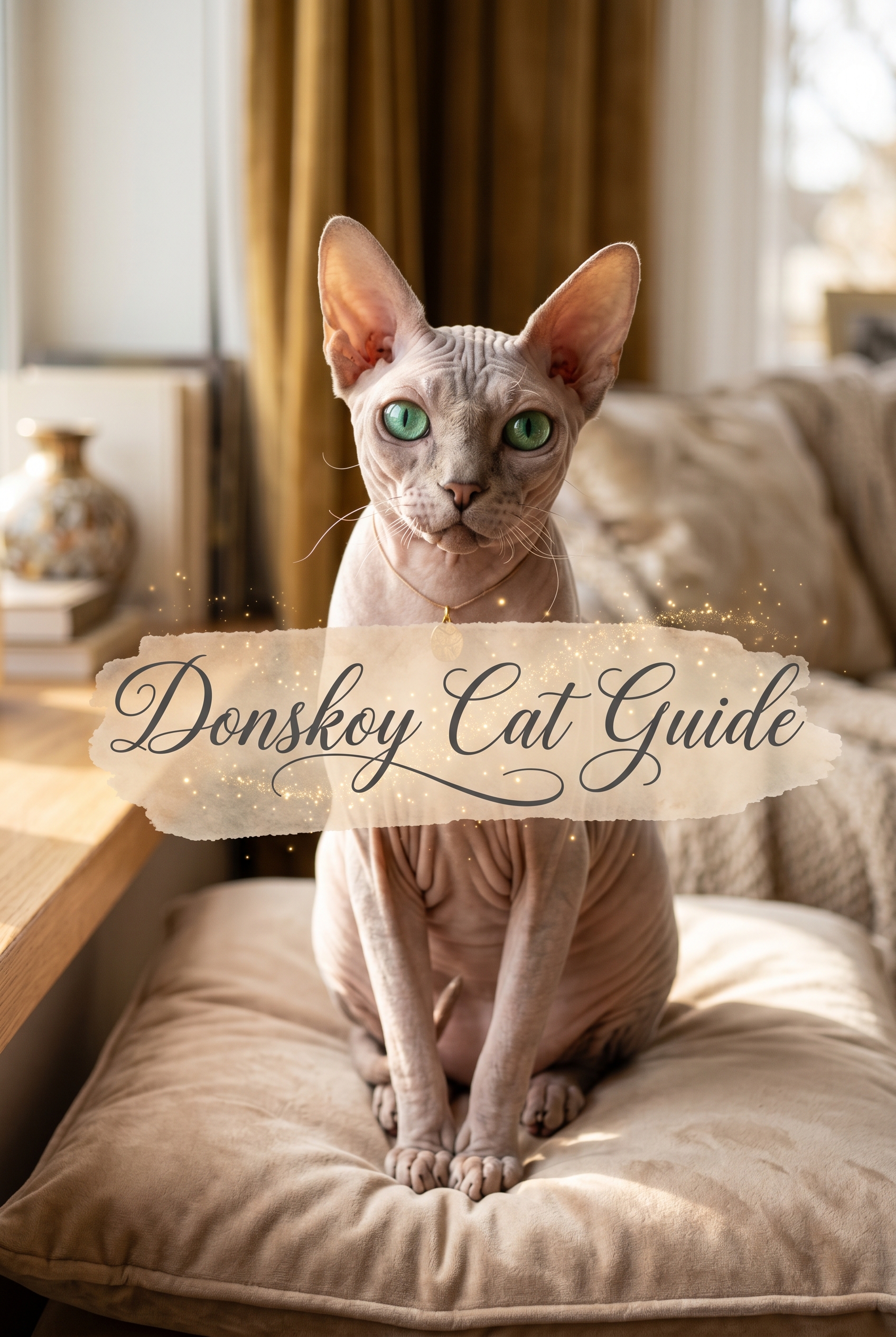 A sophisticated portrait of a wrinkled Donskoy cat with striking green eyes, sitting elegantly. Across the center is the title Donskoy Cat Guide in a beautiful cursive script over a soft peach watercolor wash with golden glints.