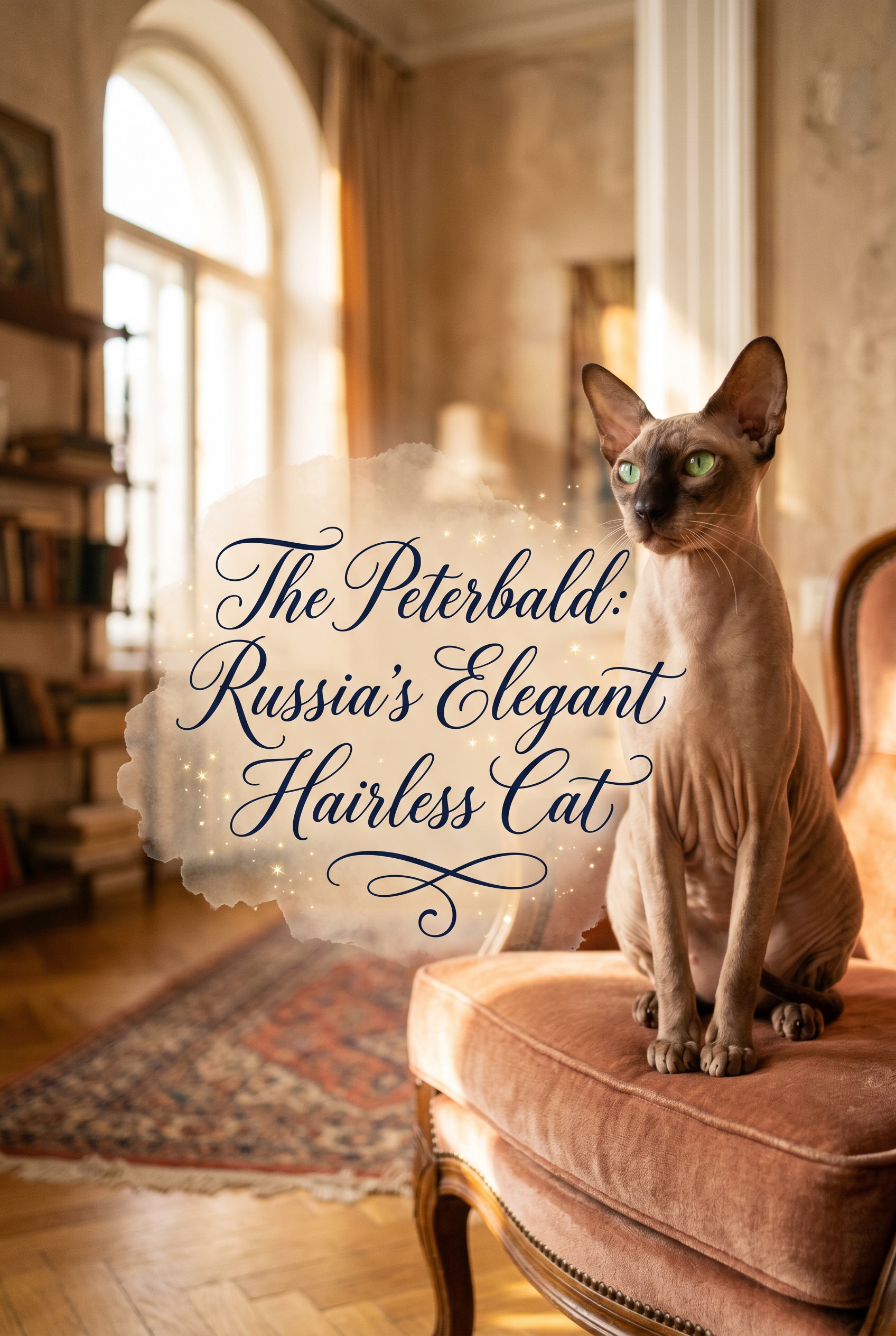 A sleek and elegant Peterbald cat sitting gracefully on a velvet cushion. The cat has large ears and striking eyes. Centered over the image is stylized, readable calligraphy text.