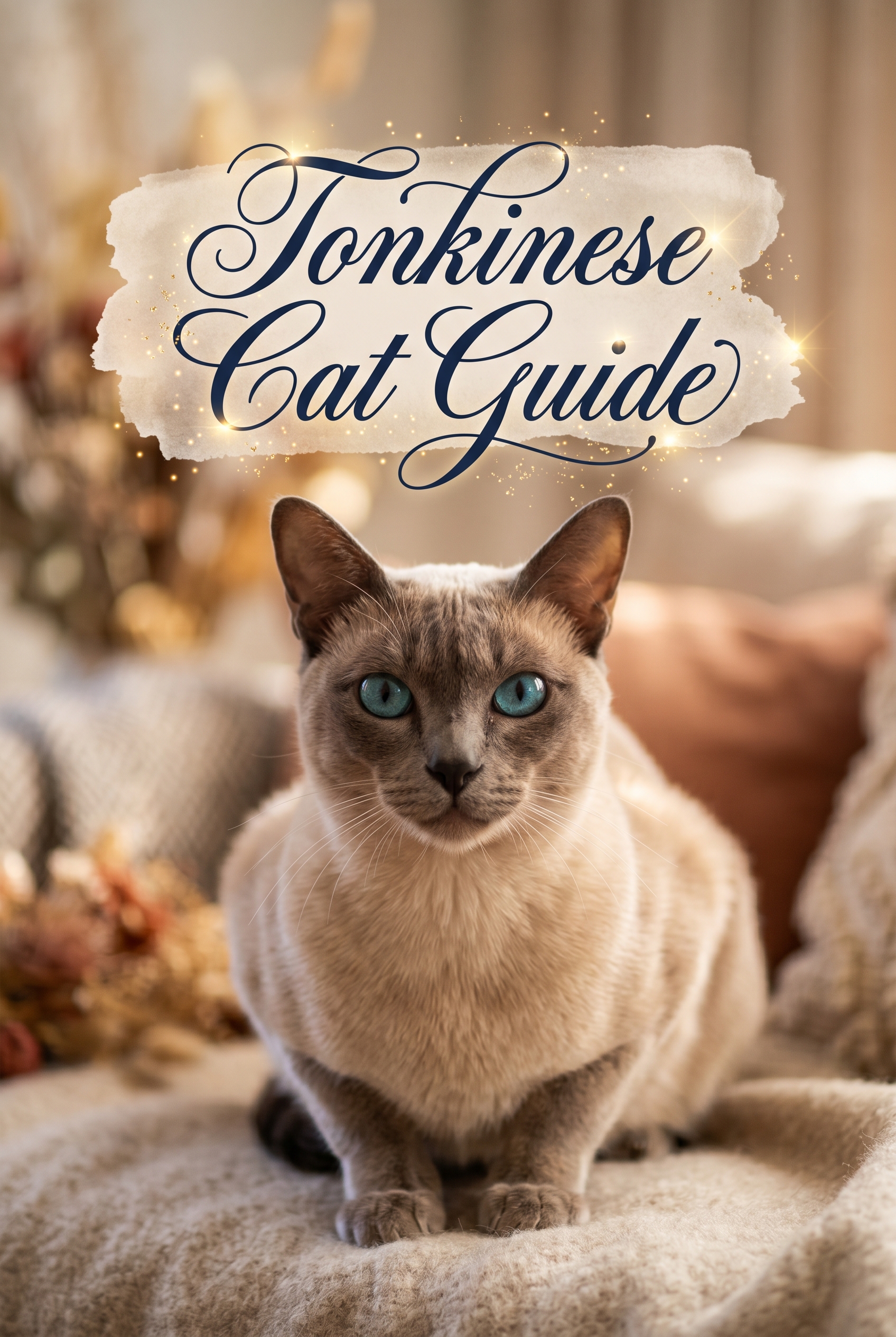 A stunning Tonkinese cat with mesmerizing aqua eyes and a silky champagne coat, sitting elegantly. The center of the image features the text Tonkinese Cat Guide in exquisite, fluid navy blue calligraphy. The text is placed on a soft, semi-transparent pastel brush-stroke background with delicate magical glints and tiny sparkles around the letters.
