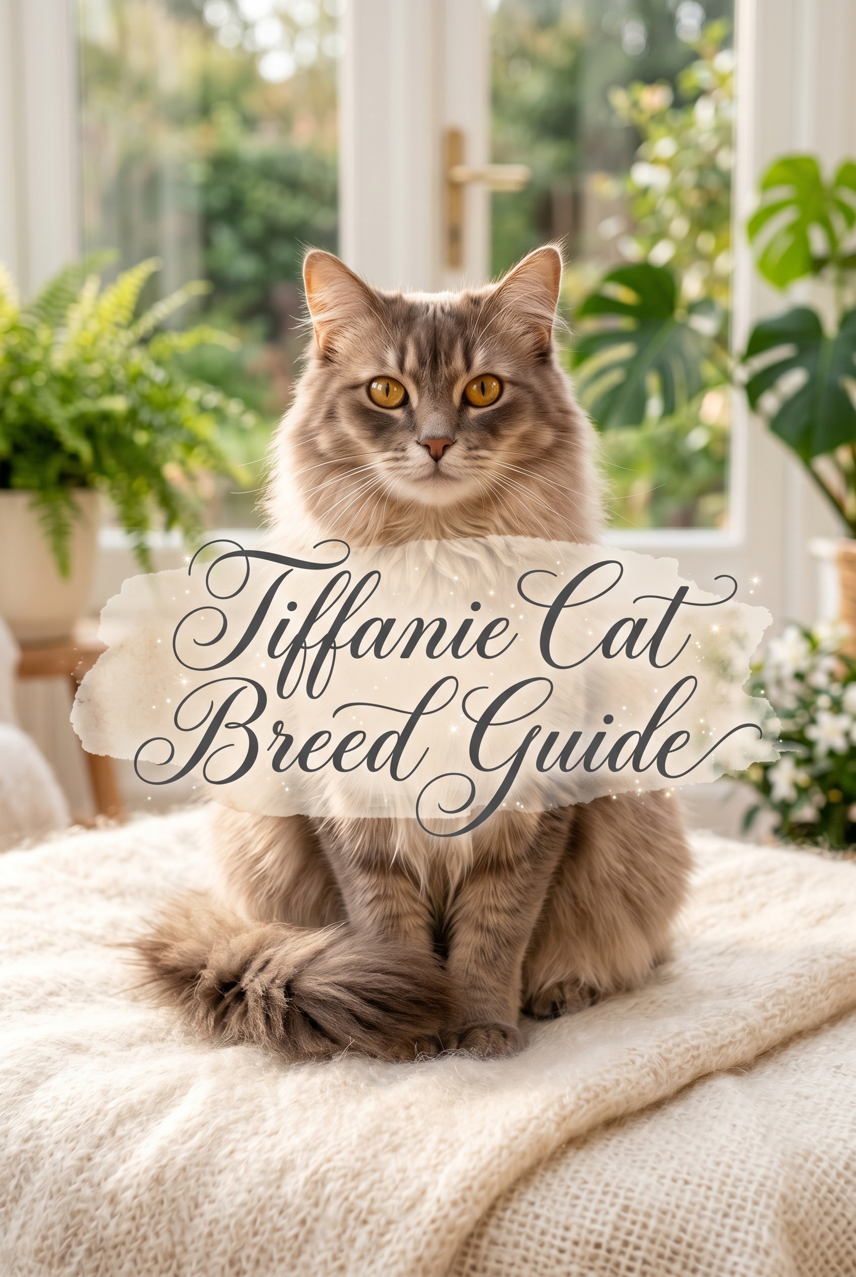 A stunning Tiffanie cat with luxurious, ivory-colored semi-longhair fur and intelligent golden eyes. The cat is sitting elegantly on a soft cream-colored wool rug in a bright, airy room with sunlight streaming through a window. The center of the image features the text Tiffanie Cat Breed Guide in elaborate navy cursive calligraphy, placed over a soft-edged pastel watercolor brush stroke. Tiny, golden fairy-dust sparkles decorate the lettering to enhance the premium, magical feel.