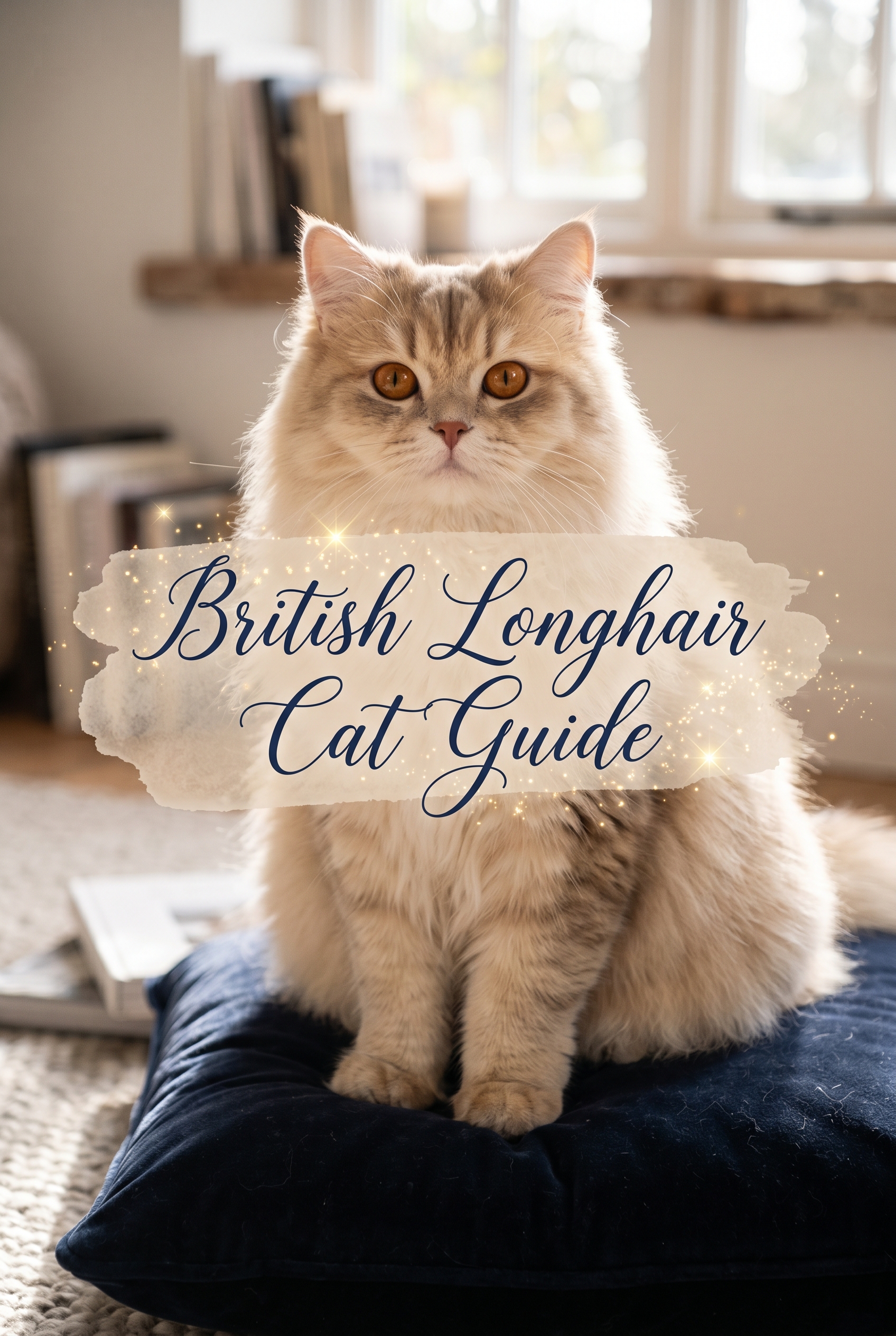 A regal British Longhair cat with a plush, cream-colored coat and copper eyes sits gracefully. The center features elegant cursive typography on a soft watercolor background with magical sparkles.