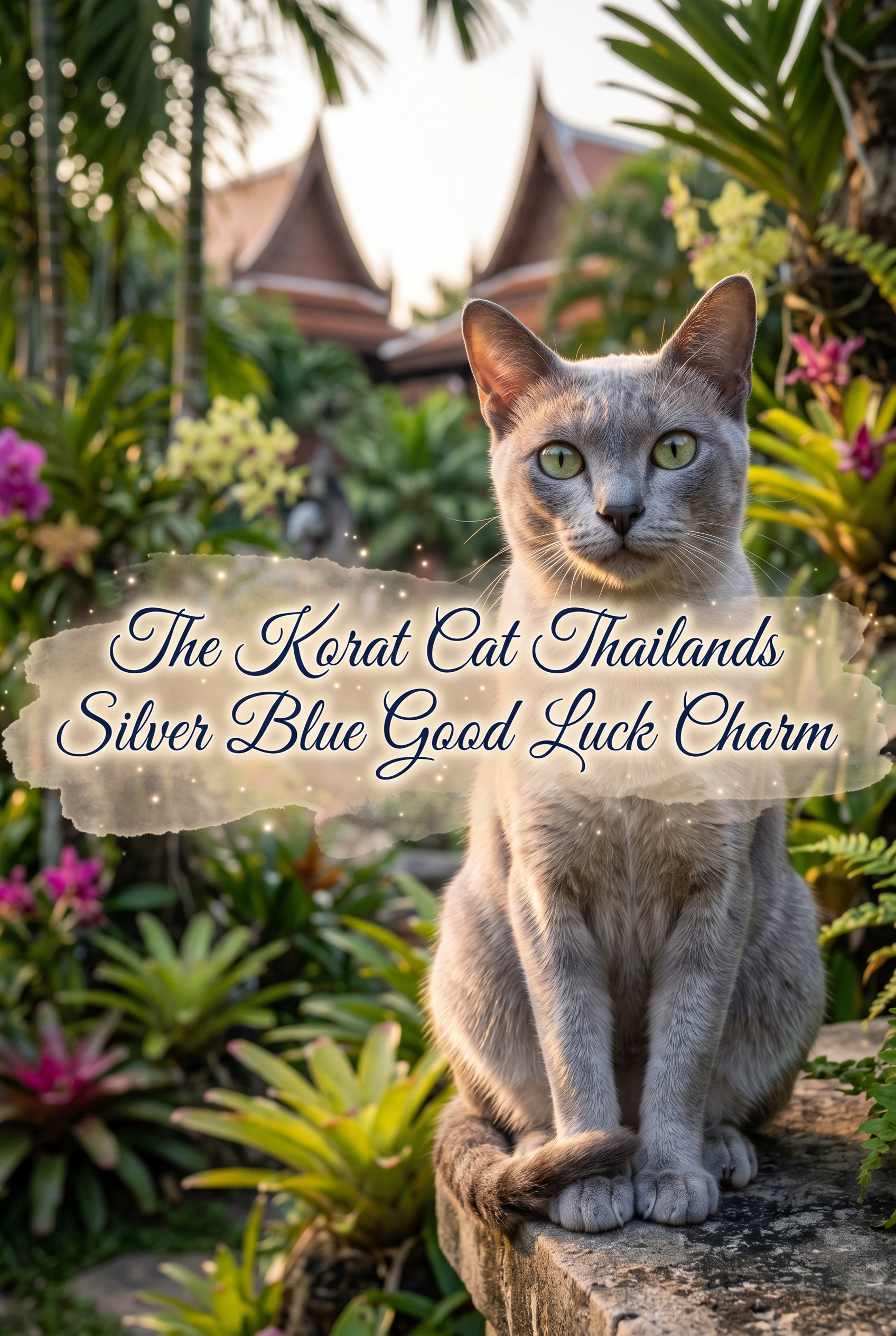 A stunning Korat cat with a luminous silver-blue coat and peridot green eyes. The cat is sitting elegantly in a serene, high-end Thai garden setting with soft lighting. In the center, a decorative text overlay reads 'The Korat Cat Thailands Silver Blue Good Luck Charm' in high-contrast navy calligraphy over a soft parchment-style texture.