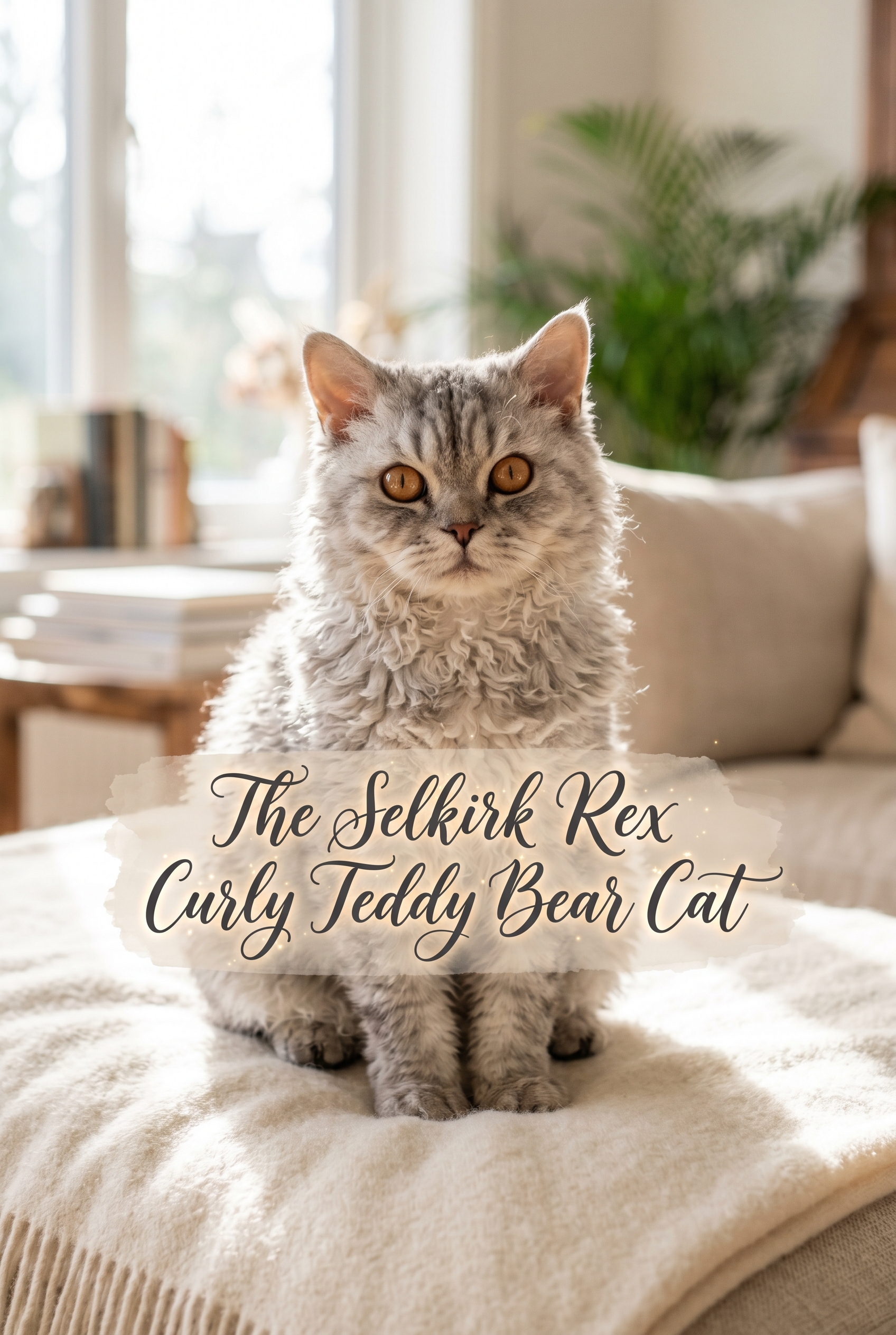 An elegant portrait of a plush, silver-grey Selkirk Rex cat with distinct curly fur and sweet copper eyes. The cat is framed by soft, warm home lighting. In the center, the title is displayed in a sophisticated deep charcoal cursive script over a soft pastel watercolor background patch, accented with tiny glint highlights for a luxury feel.