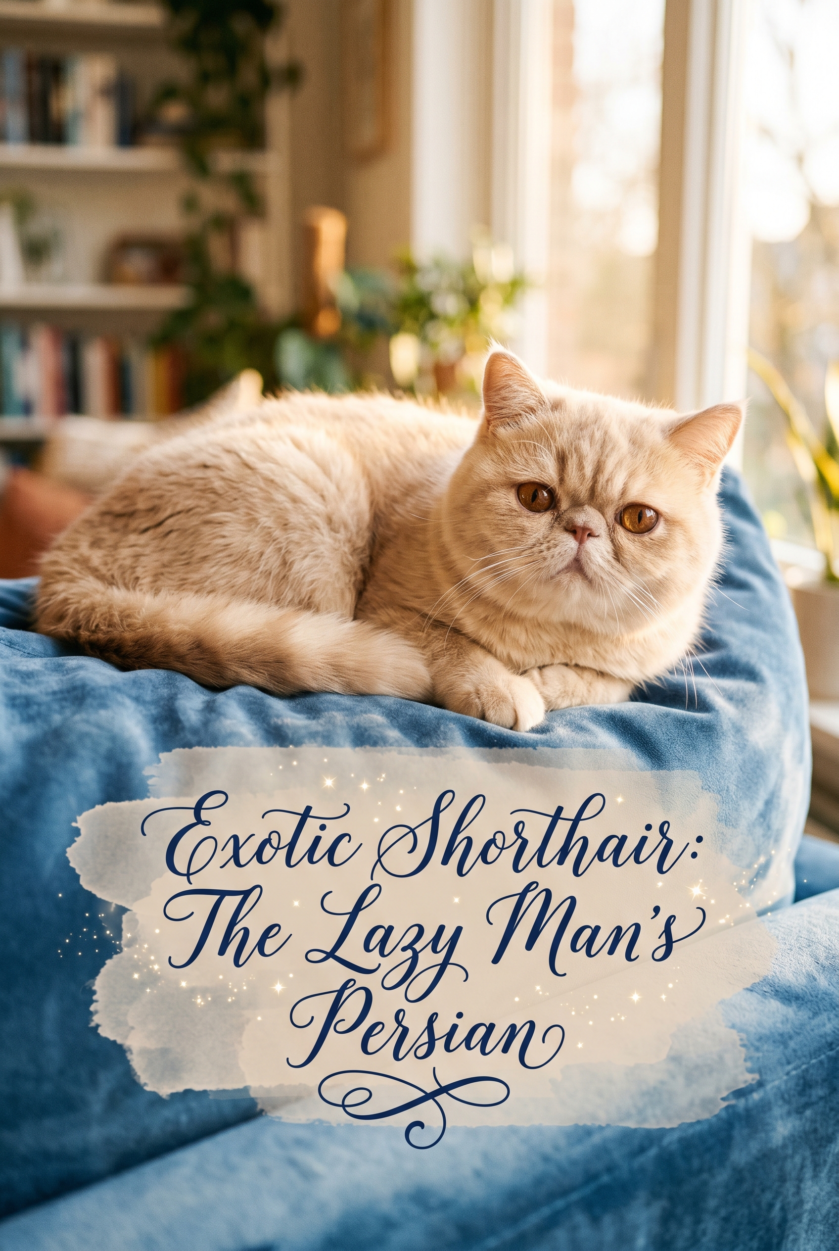A close-up portrait of a sweet Exotic Shorthair cat with plush cream-colored fur and large copper eyes, sitting on a luxury velvet cushion. The central text displays the title in elegant calligraphy over a soft watercolor wash.