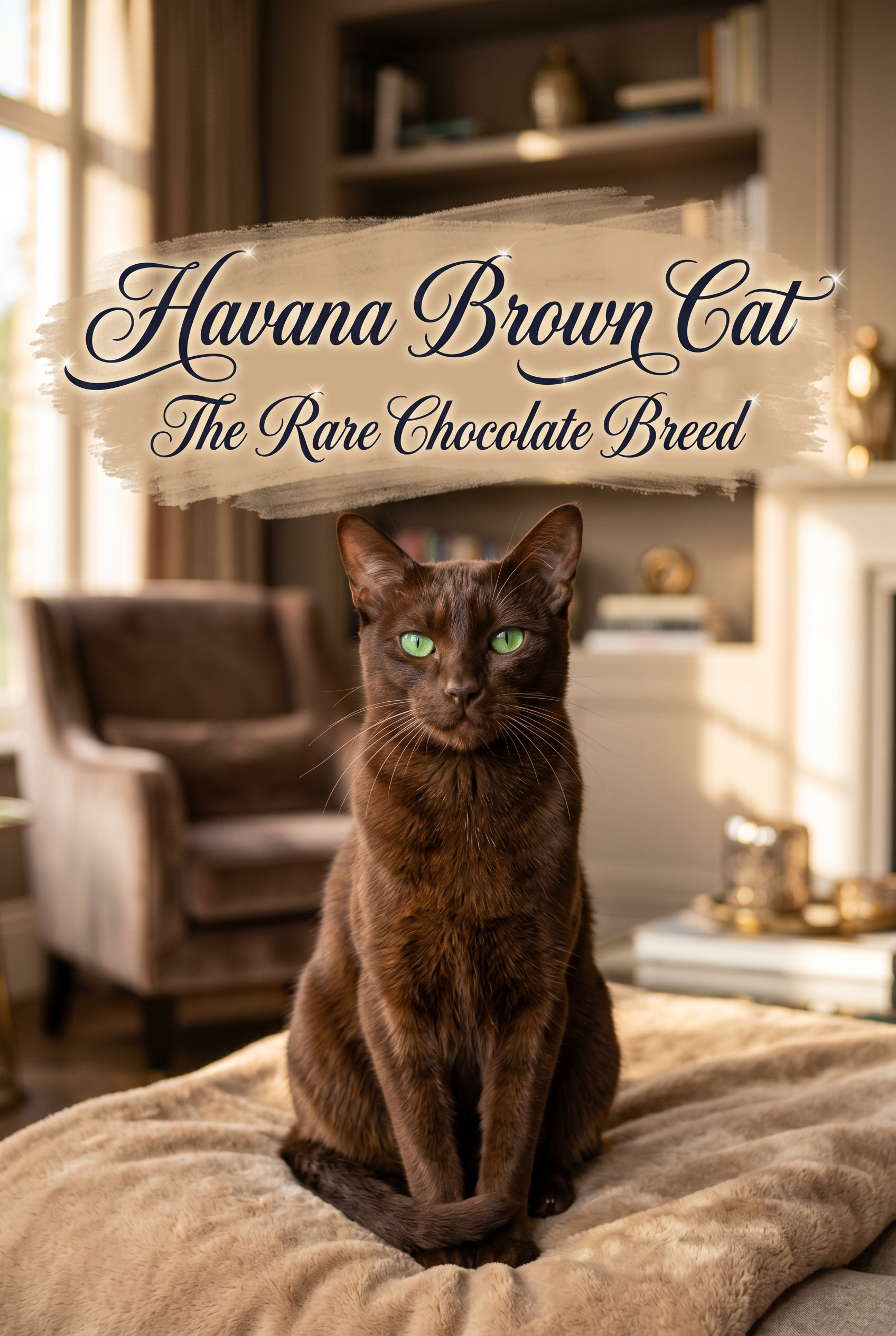 A stunning portrait of a Havana Brown cat with a sleek mahogany chocolate coat and mesmerizing luminous green eyes. The cat is posed elegantly against a warm, sunlit background. In the center, the words Havana Brown Cat The Rare Chocolate Breed are written in an exquisite, flowing cursive calligraphy script over a soft cream-colored watercolor wash with subtle golden fairy-dust sparkles.