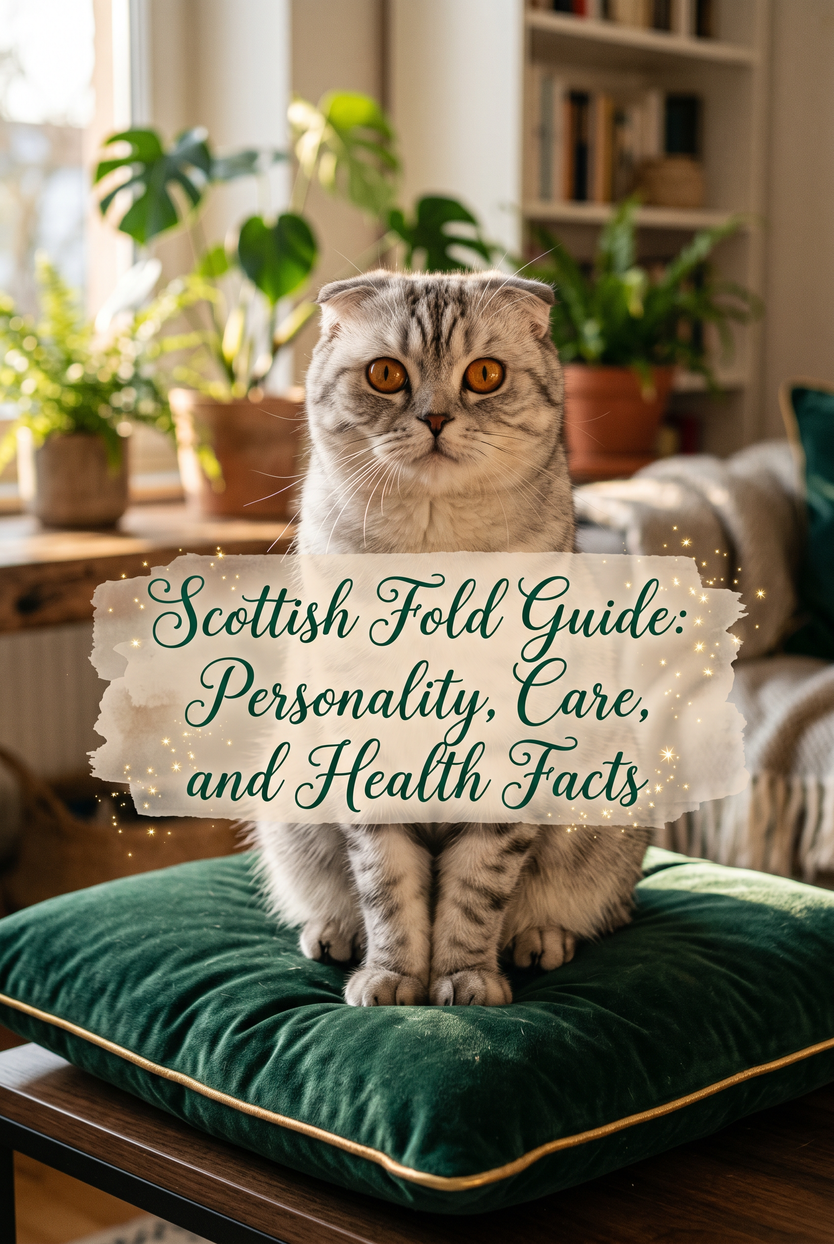 A close-up portrait of a gorgeous Scottish Fold cat with amber eyes and folded ears, sitting in a cozy home environment. Centered on the image is the text Scottish Fold Guide: Personality, Care, and Health Facts in elegant, dark emerald calligraphy on a soft beige watercolor background.