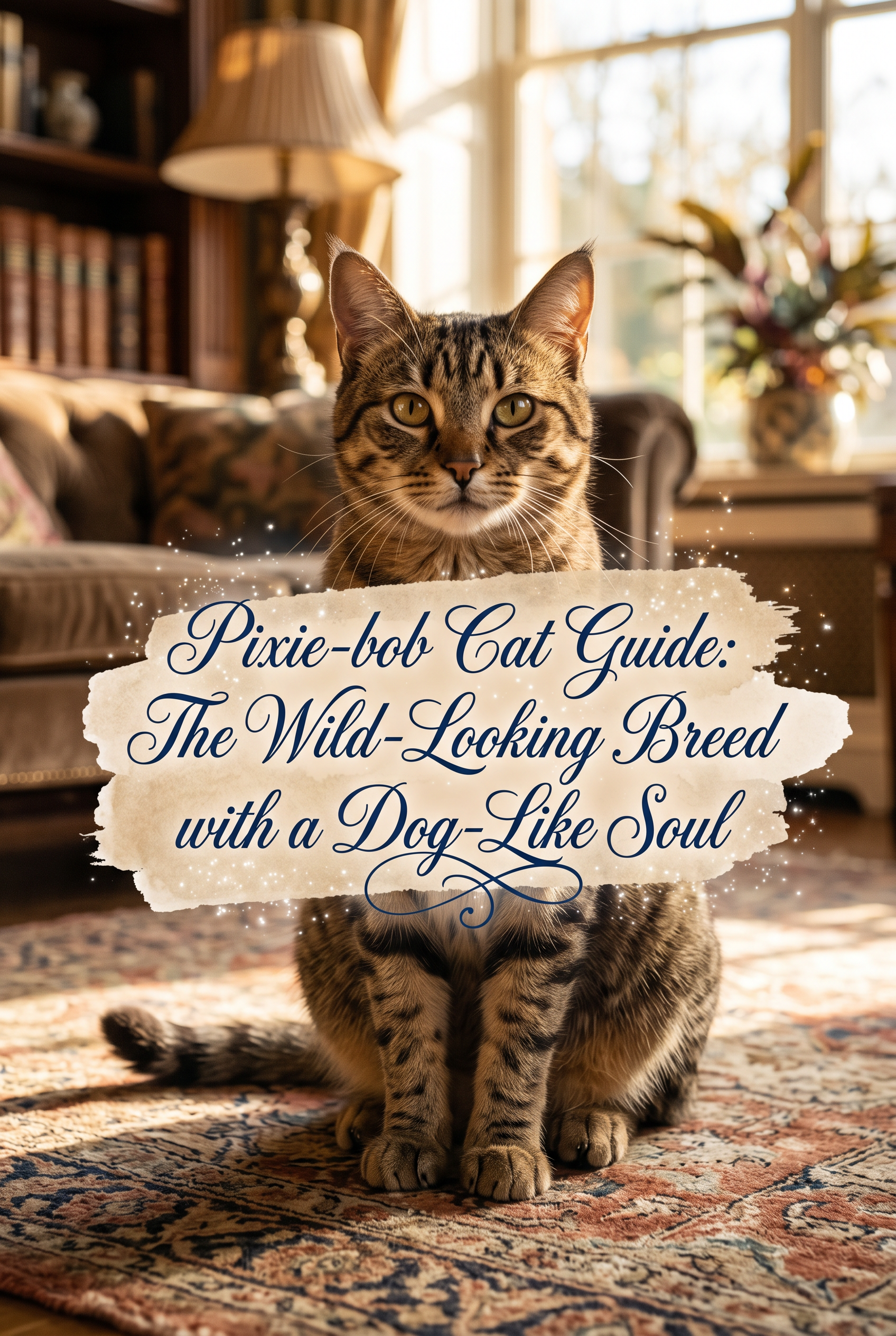 A majestic Pixie-bob cat with wild spotted fur, a short bobbed tail, and lynx-like tufted ears sitting on a plush rug. The lighting is warm and golden, creating a cozy and premium atmosphere. In the center, the title is displayed in elegant navy blue calligraphy over a soft watercolor wash.