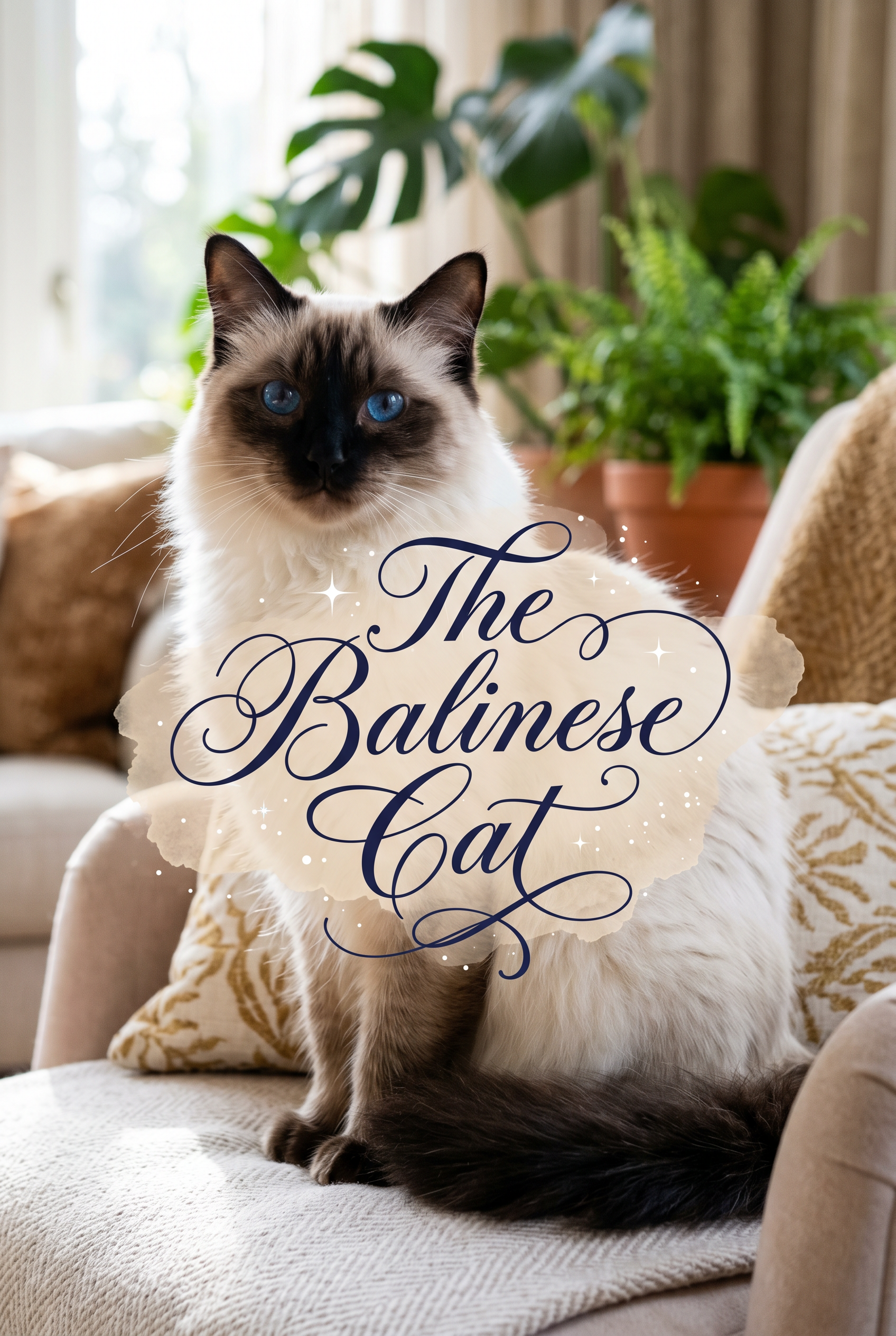 A stunning Balinese cat with long silky white fur, dark point markings on its face and ears, and brilliant sapphire blue eyes, sitting elegantly in a sunlit room. In the center, the title The Balinese Cat is written in exquisite blue cursive script over a soft cream-colored watercolor wash with subtle golden sparkles around the letters.
