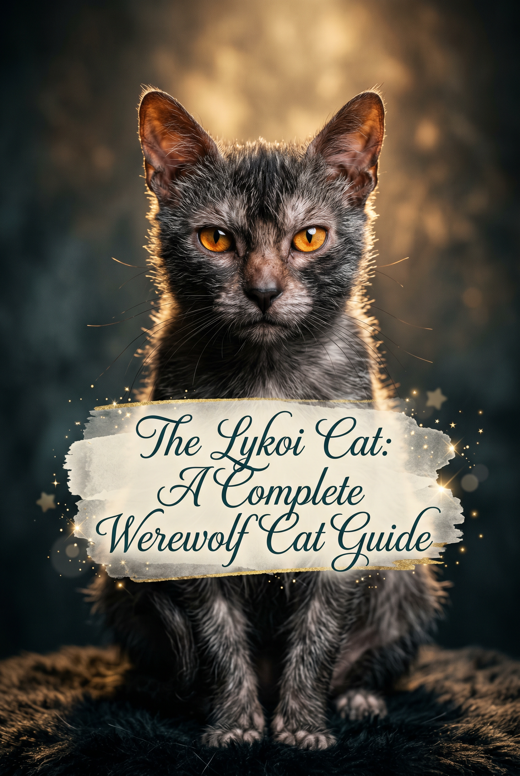 A striking close-up of a Lykoi cat with its signature roan coat and glowing amber eyes. The central text 'The Lykoi Cat: A Complete Werewolf Cat Guide' is written in elegant teal calligraphy on a soft, textured beige parchment overlay. The cat's unique features and sparse facial fur are visible around the text.