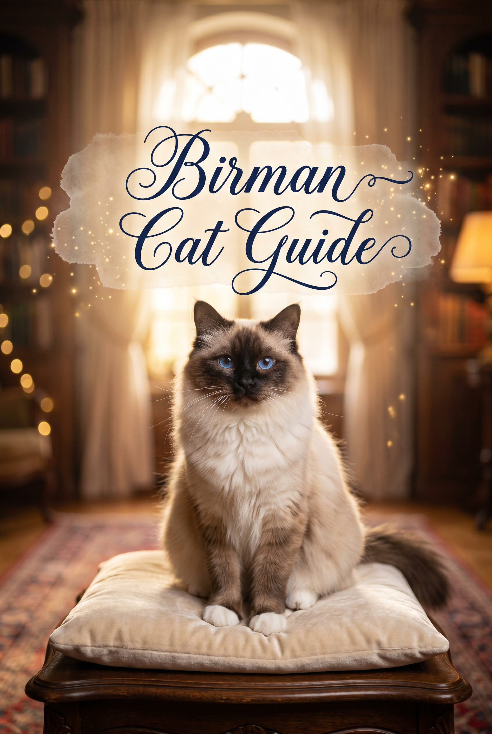 A stunning Birman cat with deep sapphire-blue eyes and white paws sits amidst a golden, temple-like atmosphere. Prominently displayed in the center is the stylized text Birman Cat Guide over a soft watercolor wash.