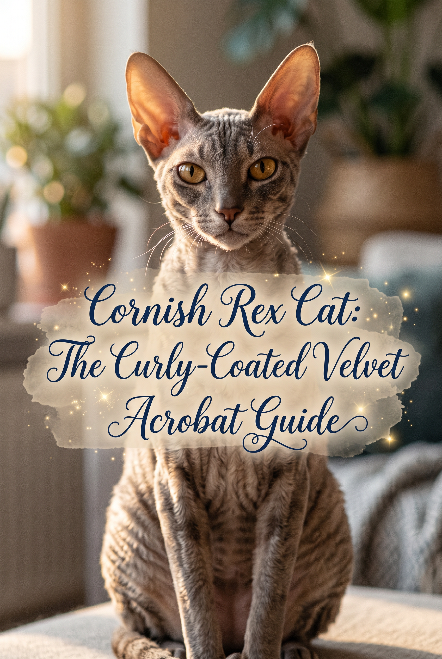 A stunning close-up of a Cornish Rex cat with distinct wavy fur and large ears, positioned on the sides of a central decorative text banner. The atmosphere is warm and luxurious.